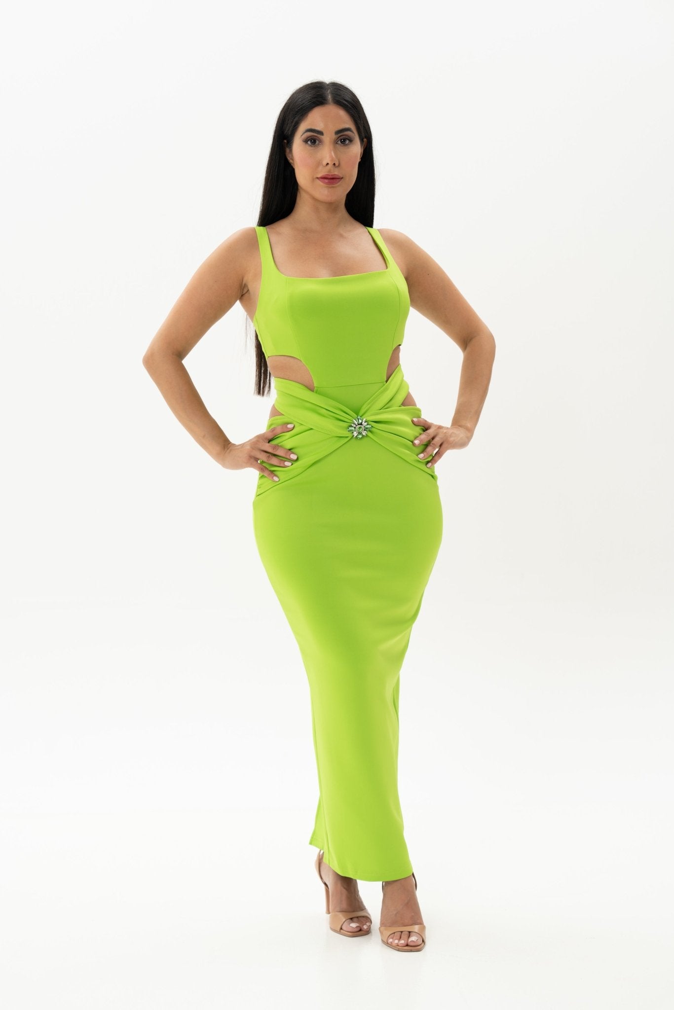 Neon Green Cut Out Long Dress - BORNCELEBS
