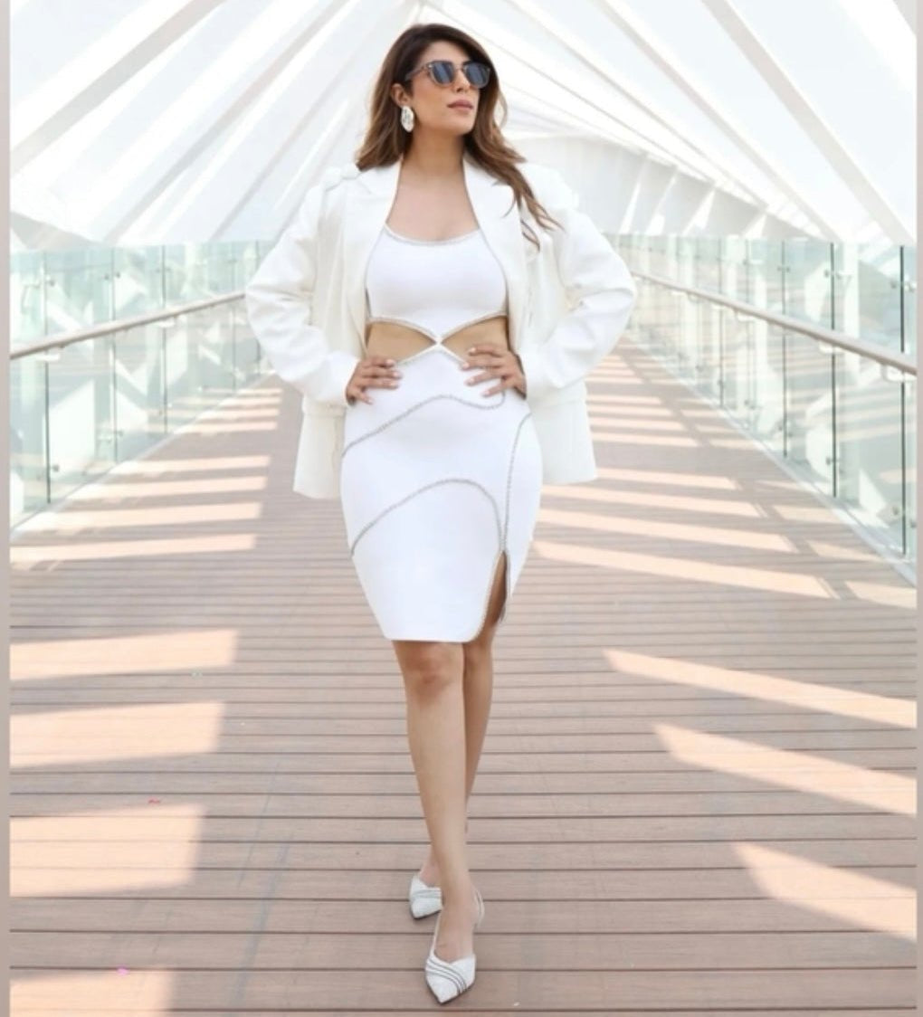 Pearl White Embellished Bodycon Midi Dress - BORNCELEBS
