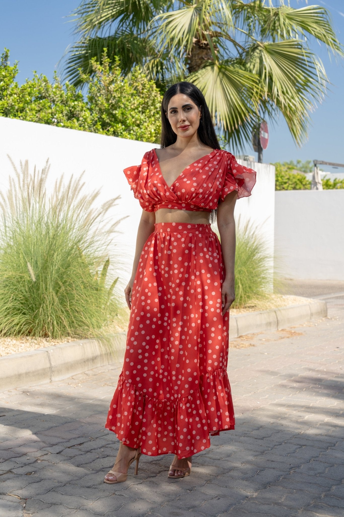 Polka Dot Orange Flare Skirt and Top Set - BORNCELEBS