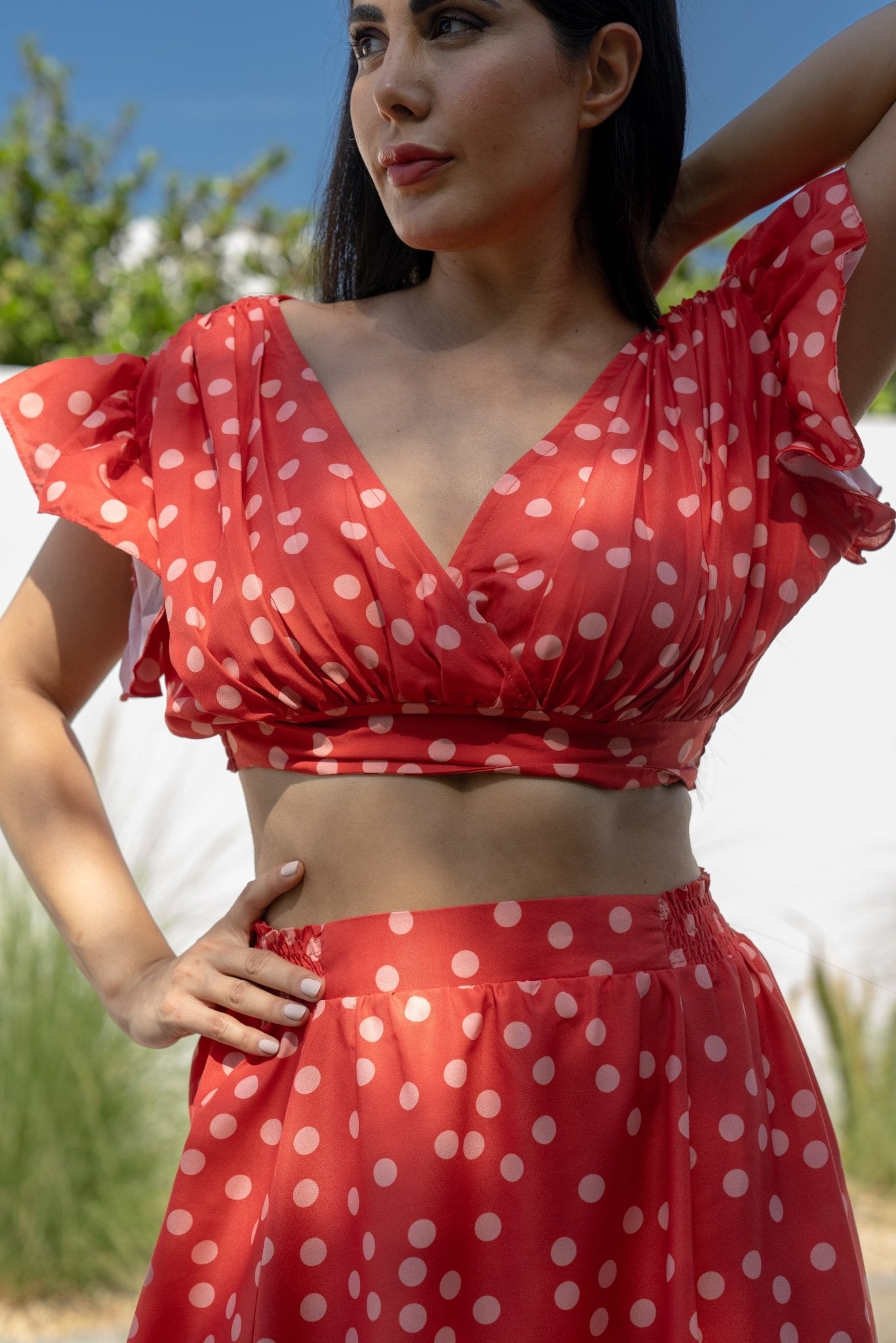 Polka Dot Orange Flare Skirt and Top Set - BORNCELEBS