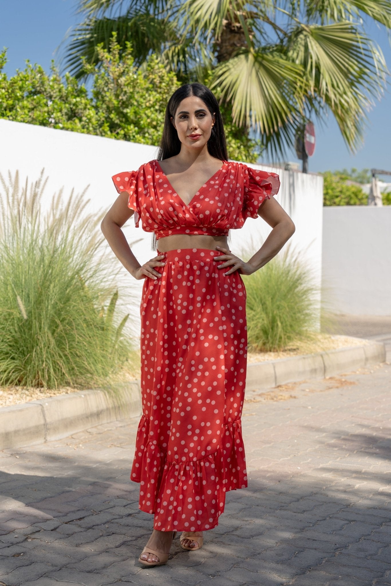 Polka Dot Orange Flare Skirt and Top Set - BORNCELEBS
