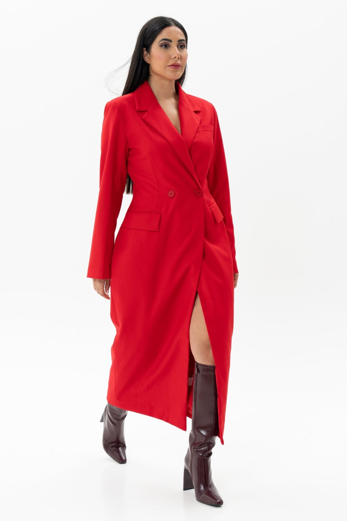 Red Long Jacket Overcoat One Piece Dress - BORNCELEBS