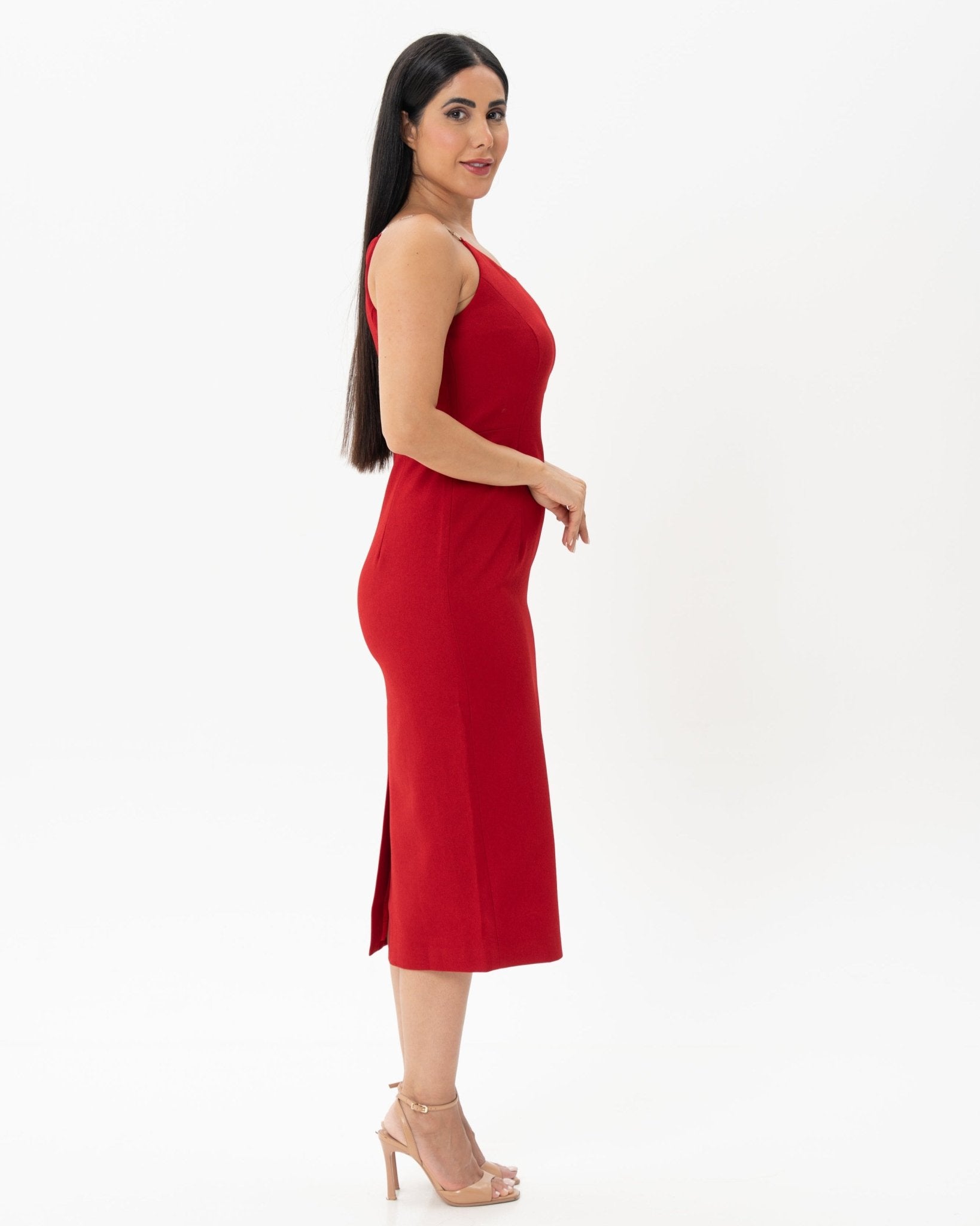 Red Midi Fitted Dress Embellished Straps - BORNCELEBS