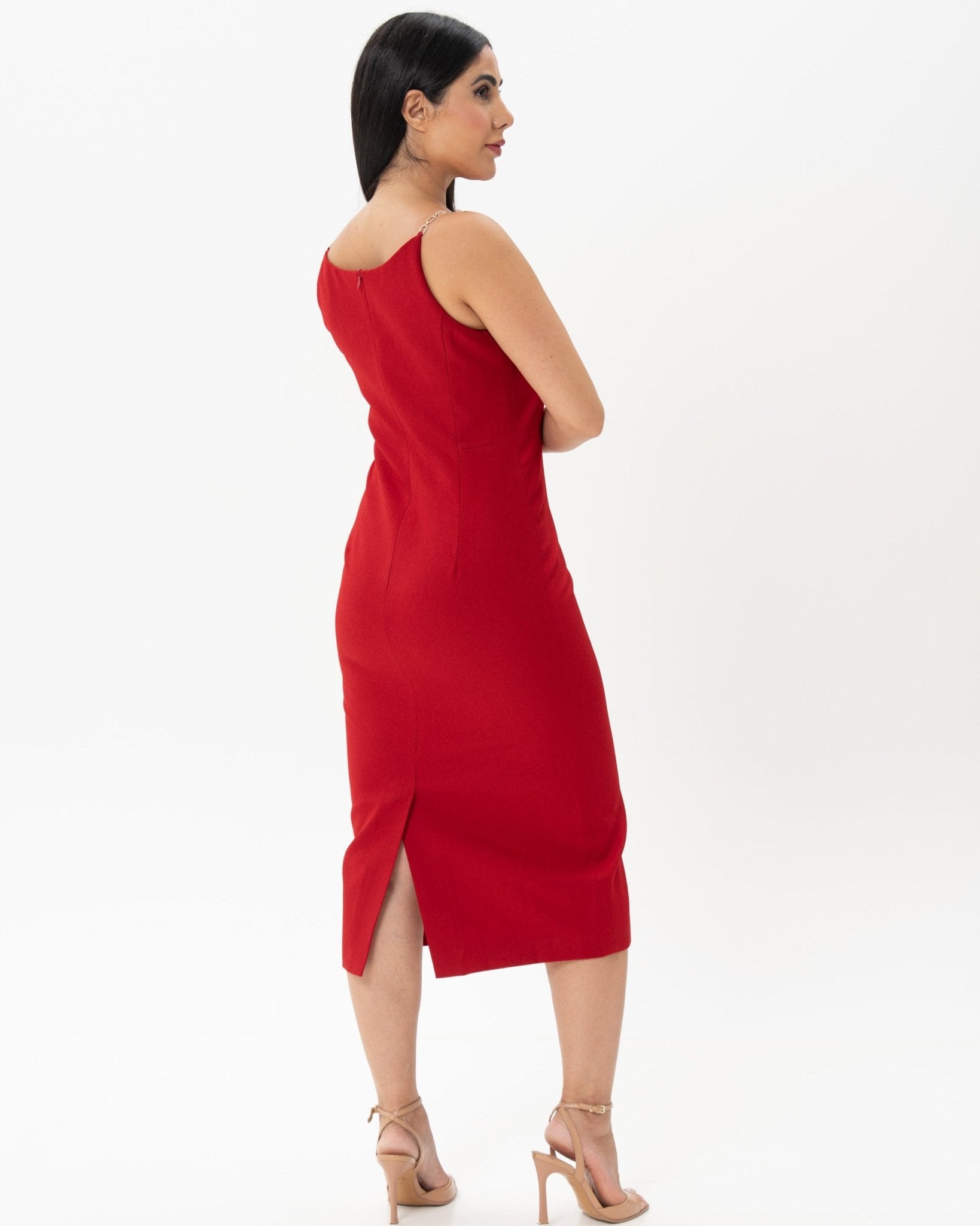 Red Midi Fitted Dress Embellished Straps - BORNCELEBS