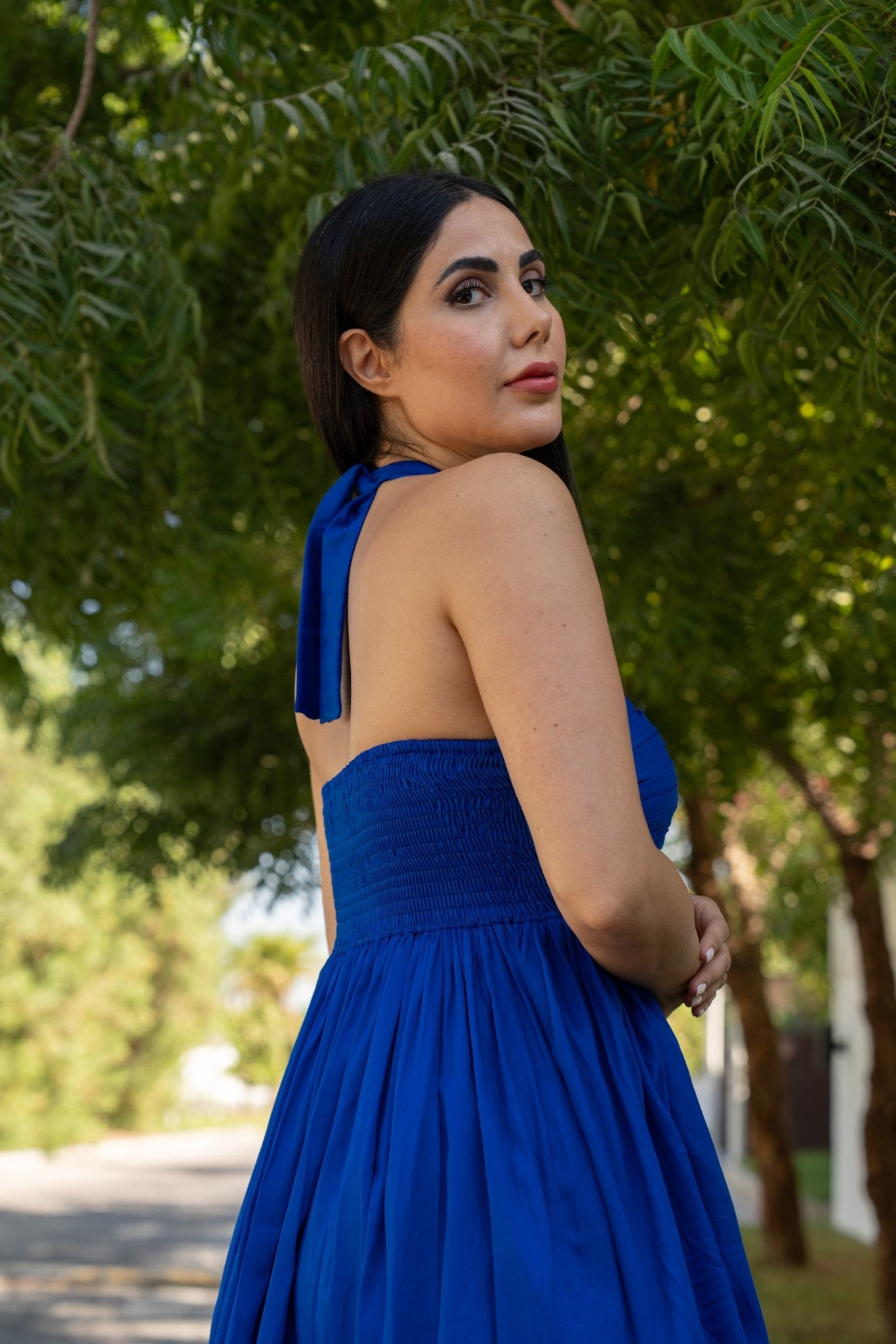 Royal Blue Halter High Low Dress - BORNCELEBS