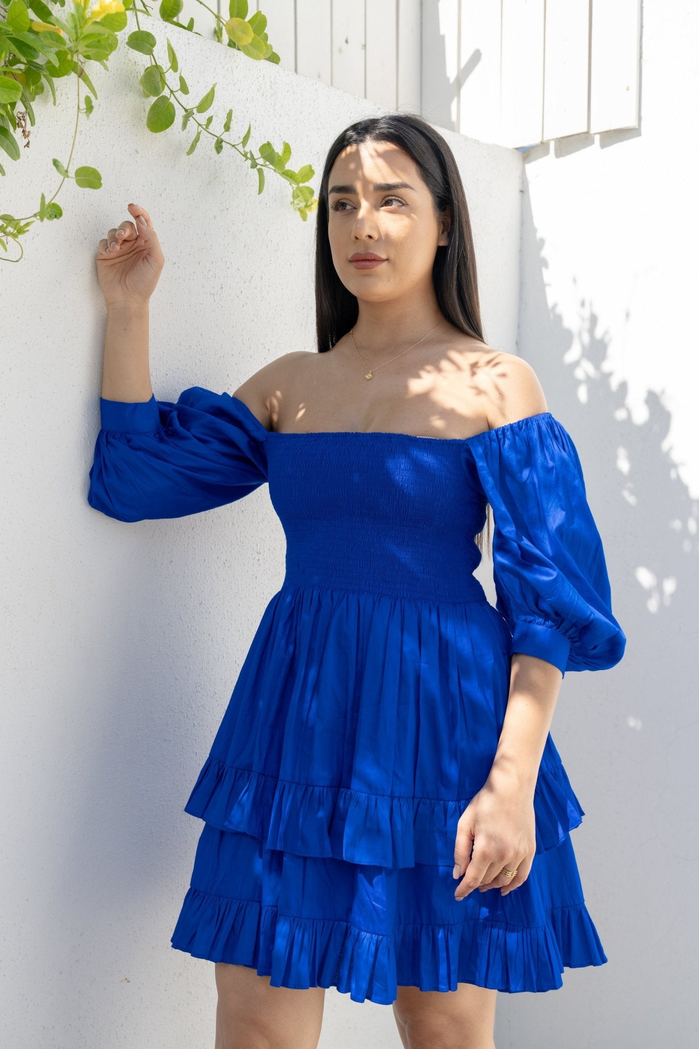 Short Blue Dress in Cotton Satin - BORNCELEBS