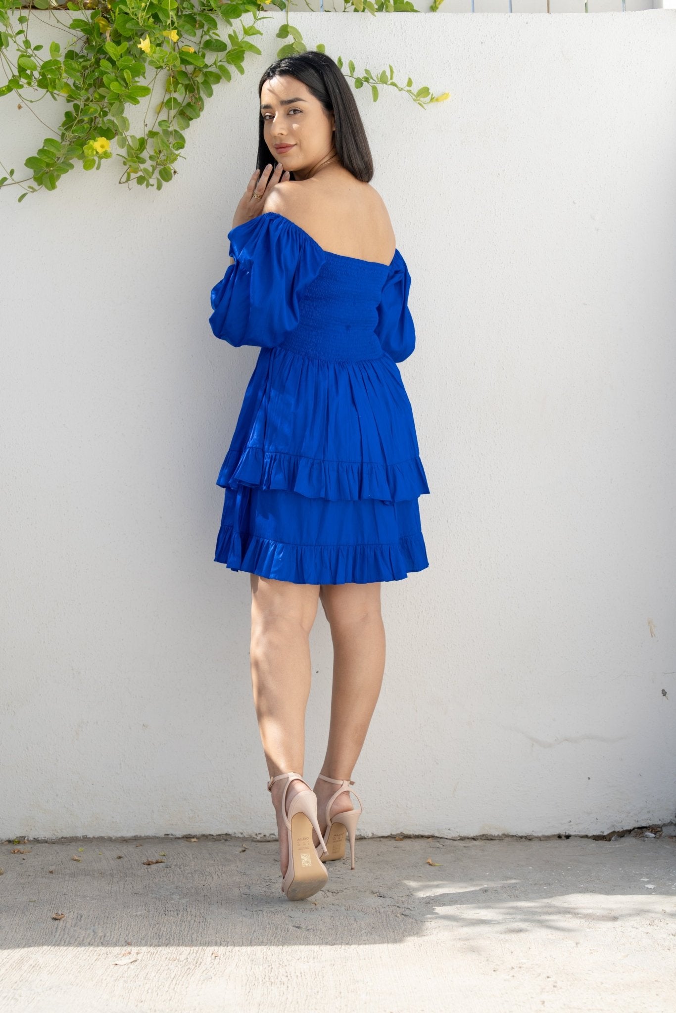 Short Blue Dress in Cotton Satin - BORNCELEBS