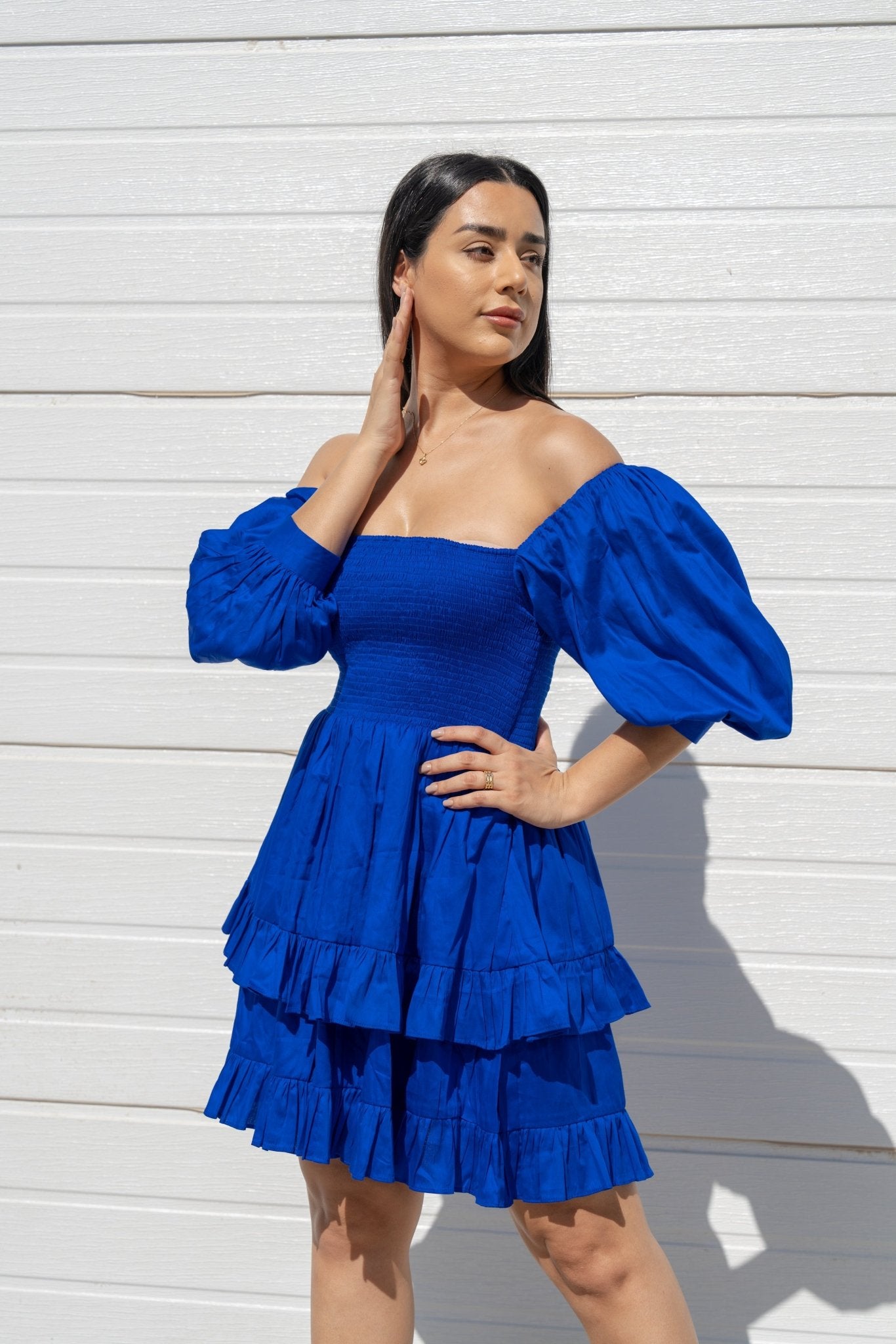 Short Blue Dress in Cotton Satin - BORNCELEBS