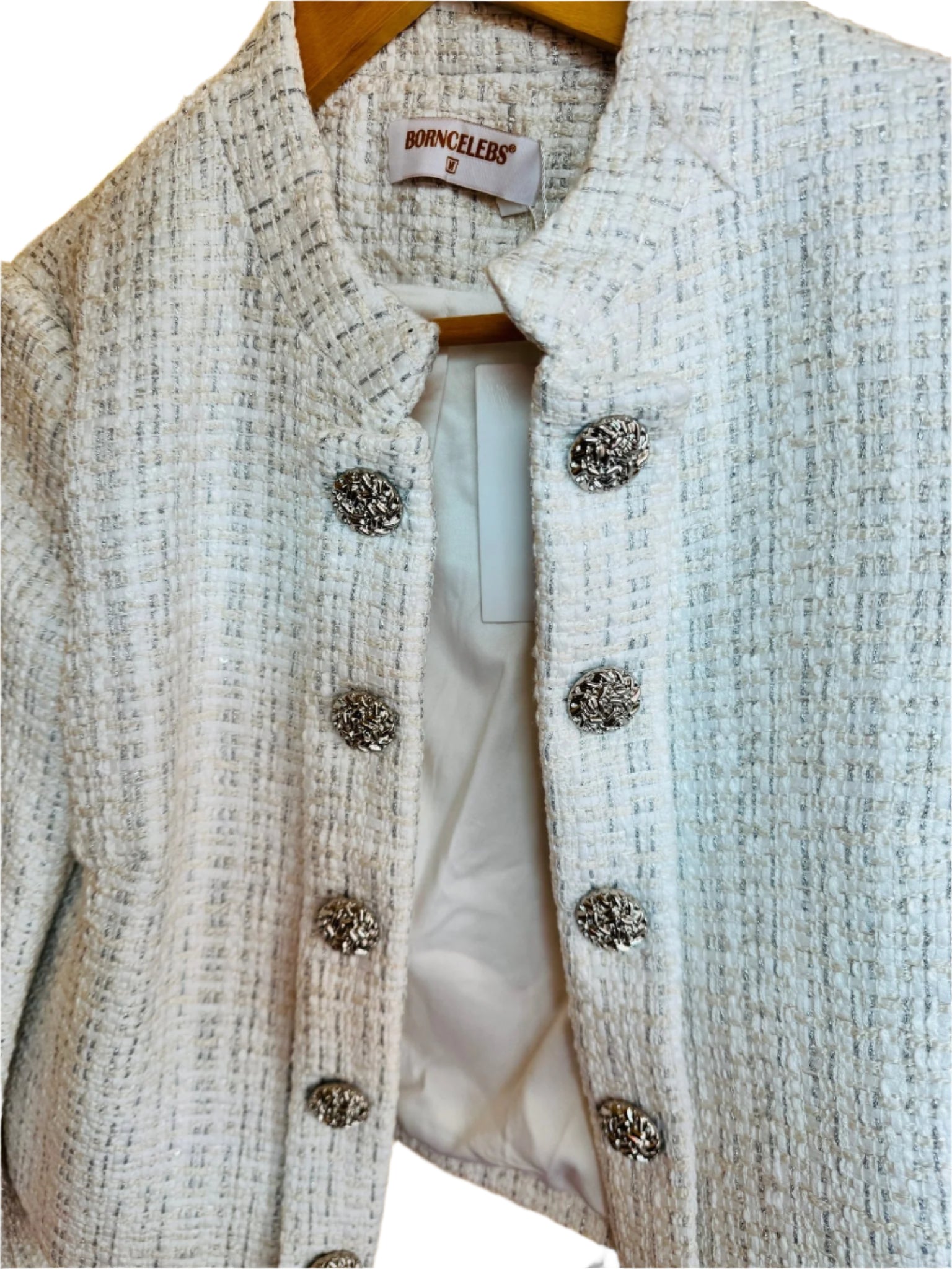 Tweed Ivory White Short Jacket - BORNCELEBS