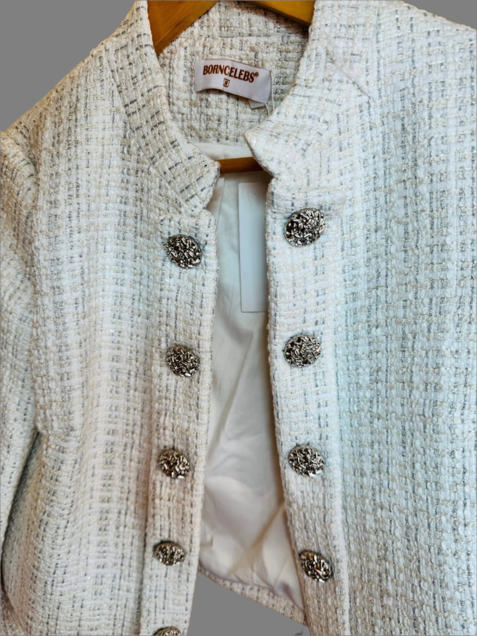 Tweed Ivory White Short Jacket and Skirt Set - BORNCELEBS