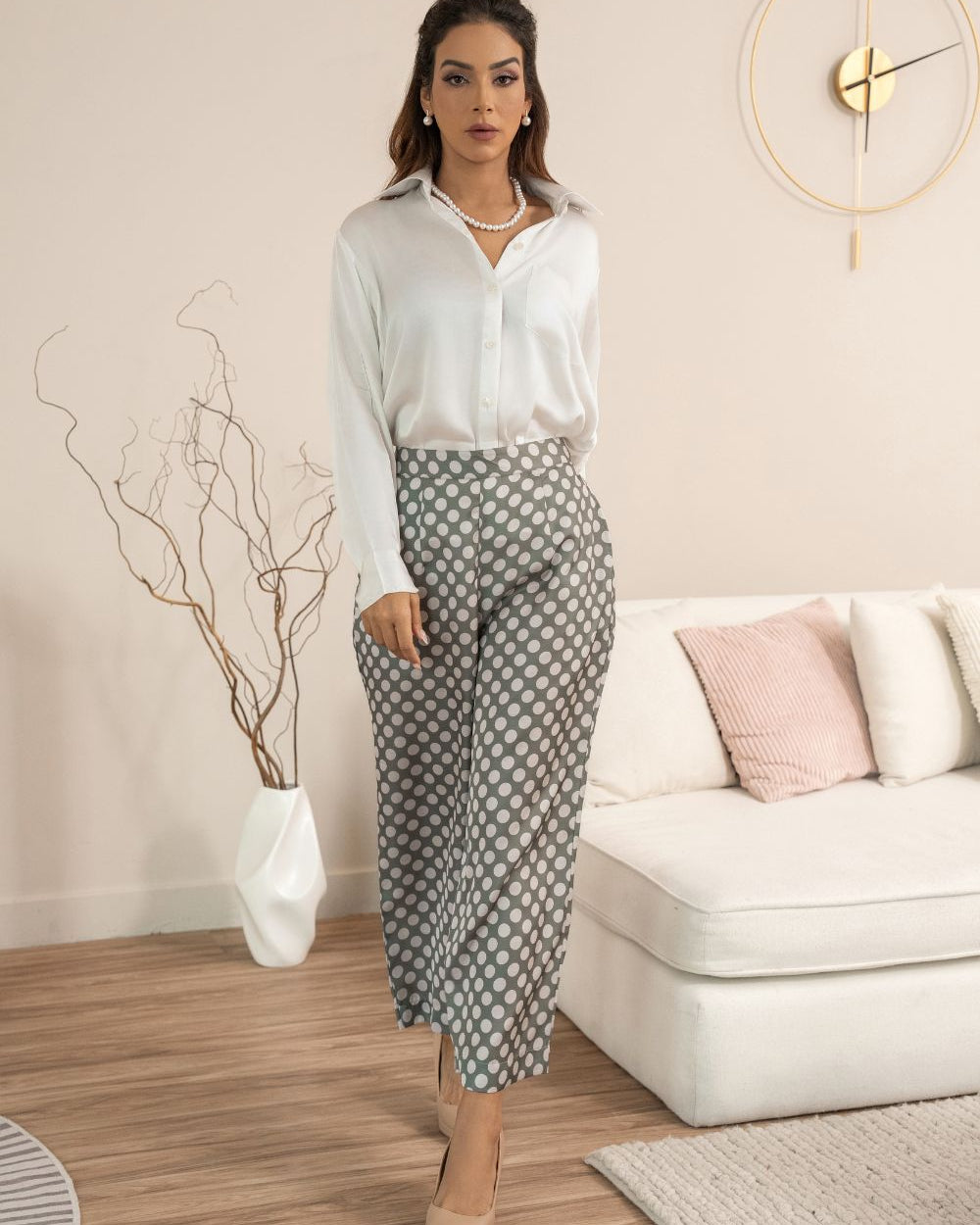 Vegan Satin Polka Dots Pants and White Shirt Co - ord Set - BORNCELEBS