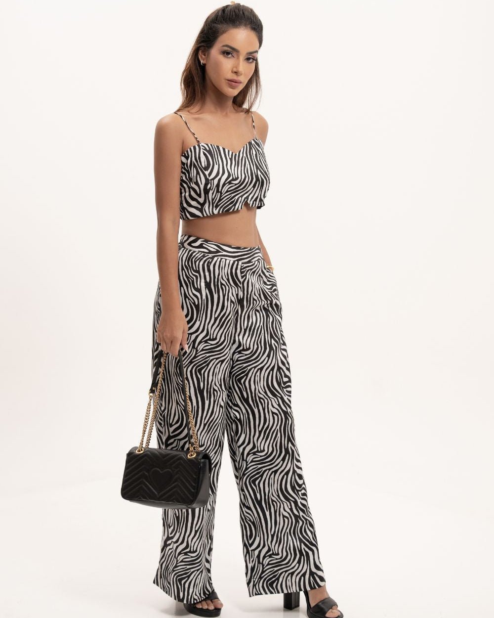 Vegan Satin Zebra Print Tube Top and Pants Co - ord Set - BORNCELEBS