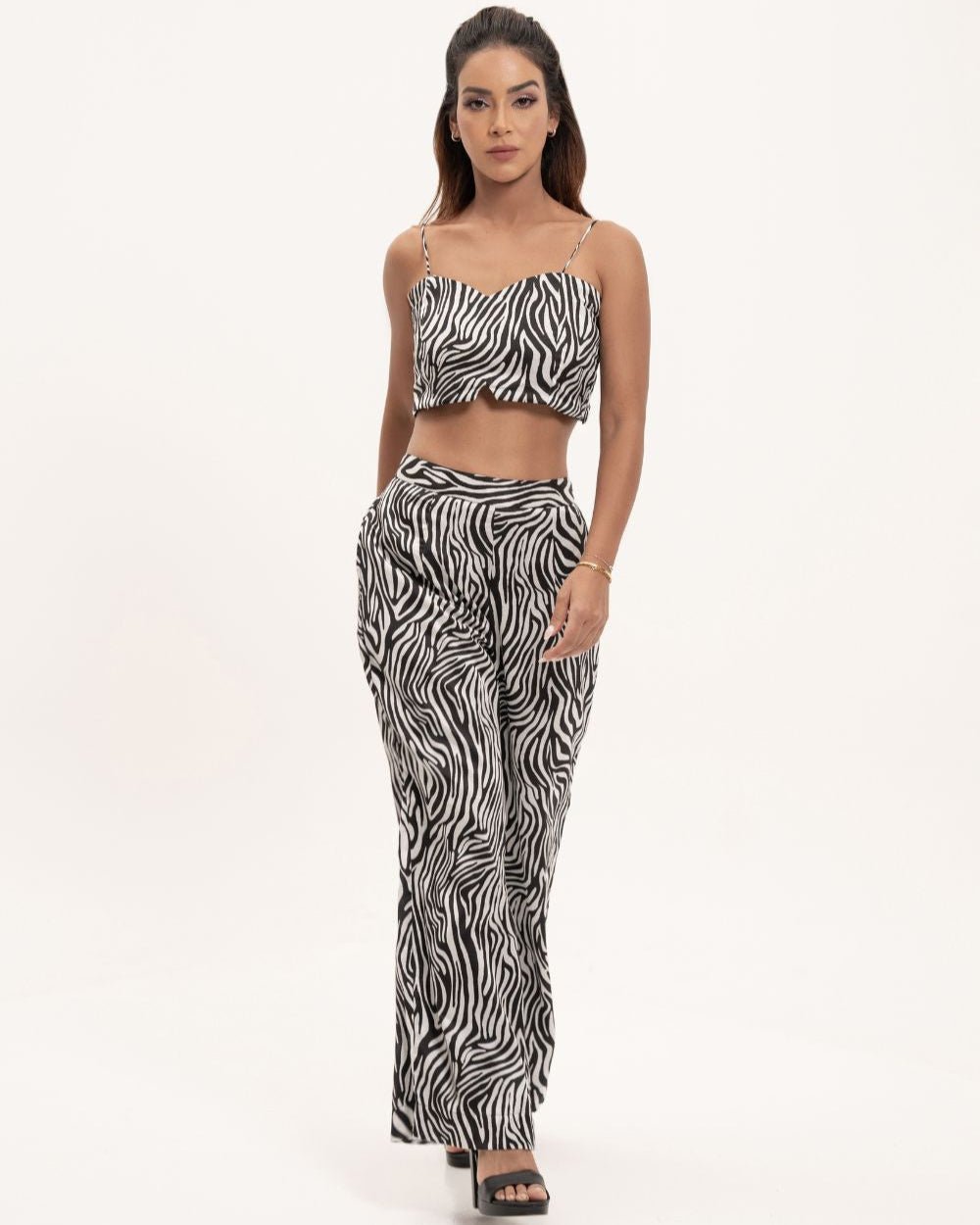 Vegan Satin Zebra Print Tube Top and Pants Co - ord Set - BORNCELEBS
