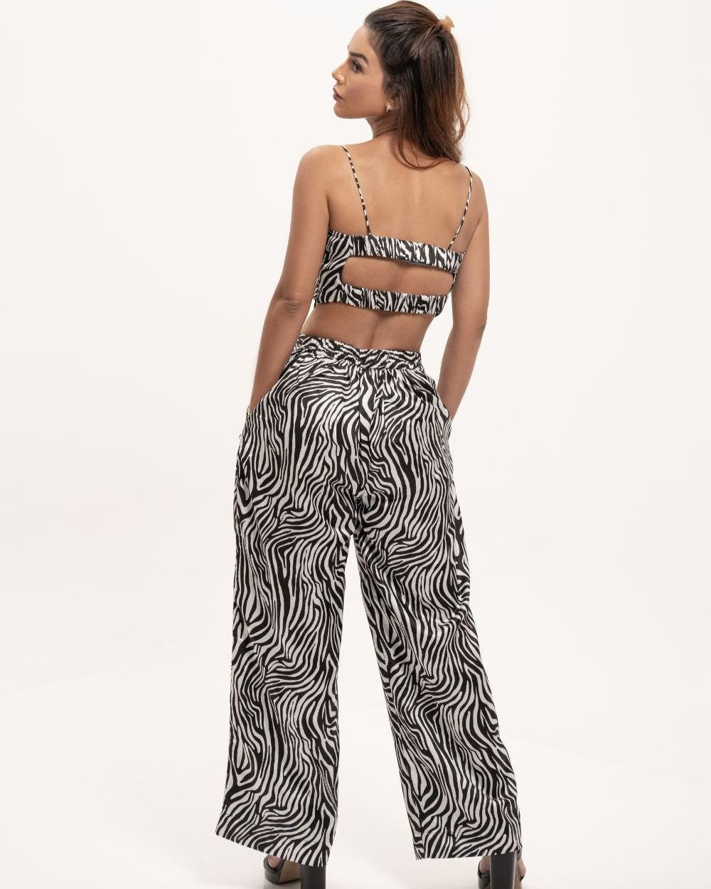 Vegan Satin Zebra Print Tube Top and Pants Co - ord Set - BORNCELEBS