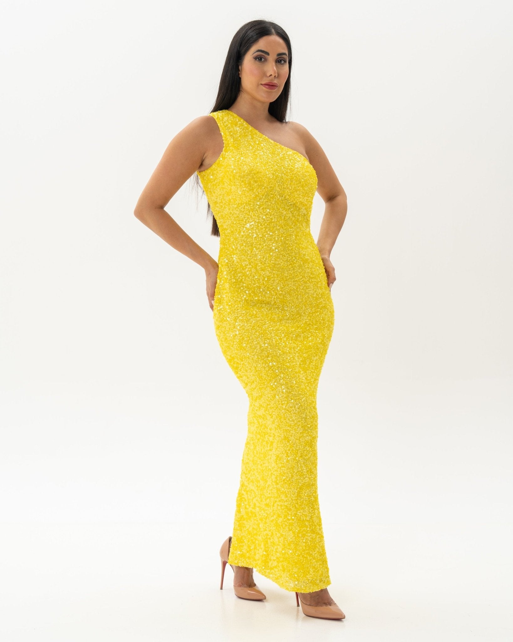 Yellow Sequins Long Gown Dress - BORNCELEBS