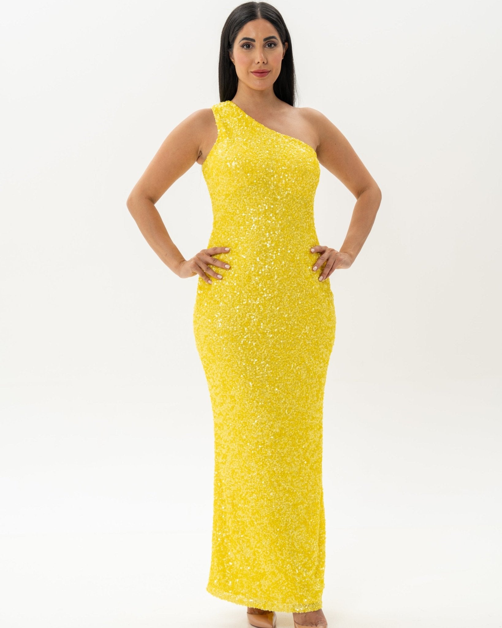 Yellow Sequins Long Gown Dress - BORNCELEBS