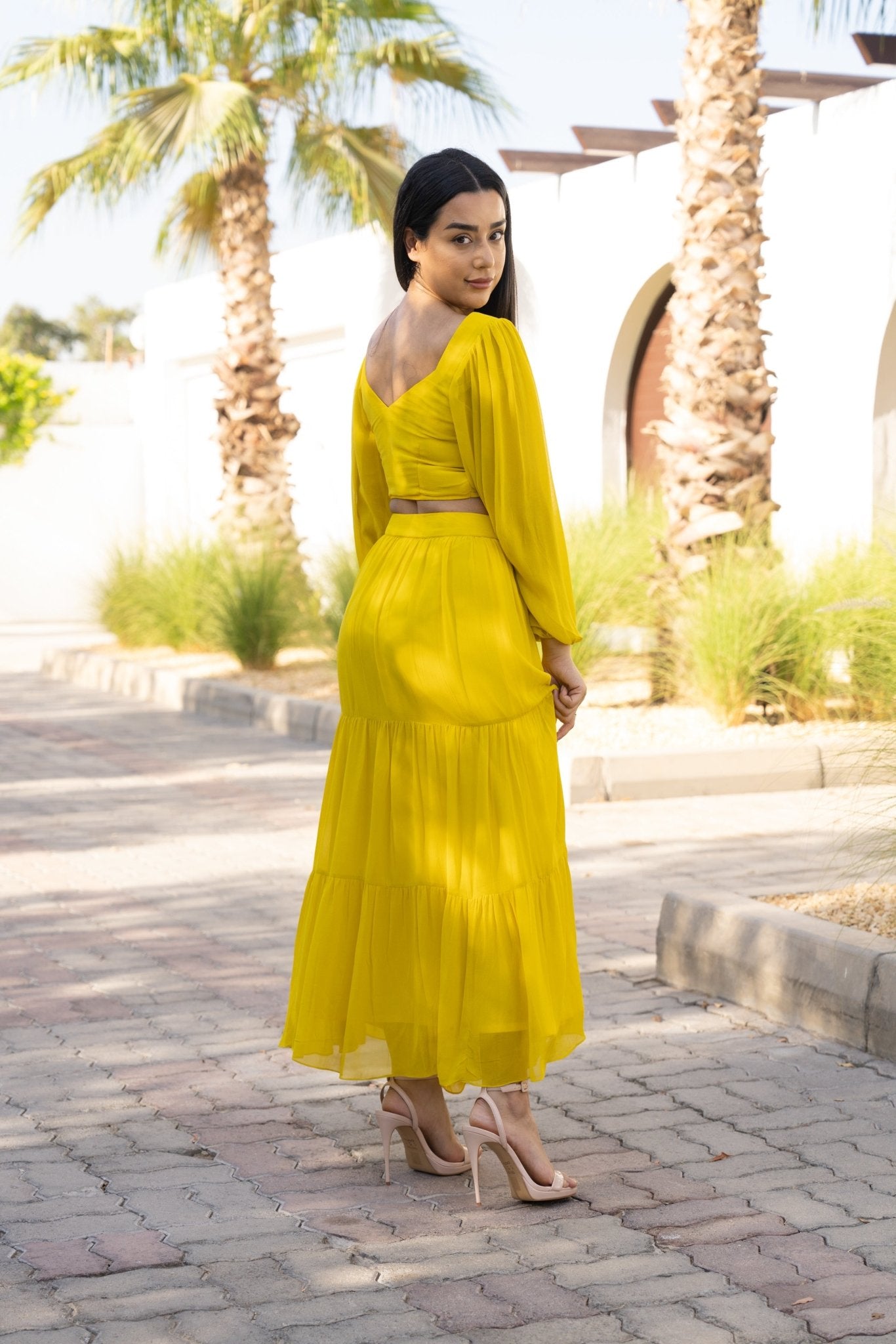 Yellow Viscose Georgette Skirt and Top Co - ord Set - BORNCELEBS
