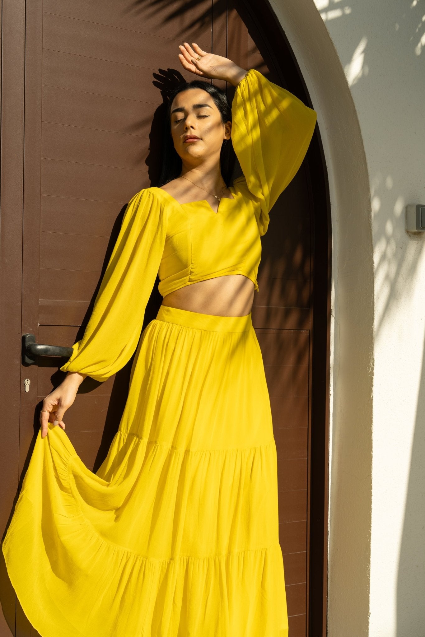 Yellow Viscose Georgette Skirt and Top Co - ord Set - BORNCELEBS