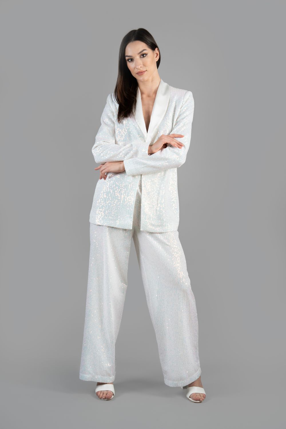 White Blazer and Trouser in Sequence Embroidery Co-ord Set