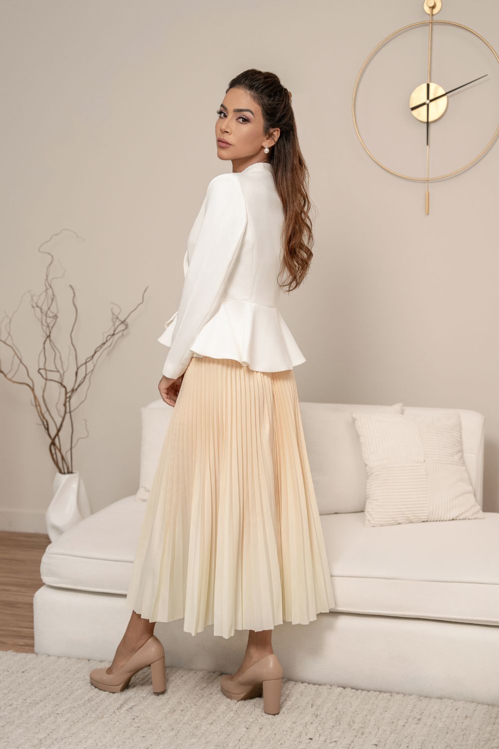 White Fitted Short Blazer and Butter Yellow Pleated Skirt Co-ord Set