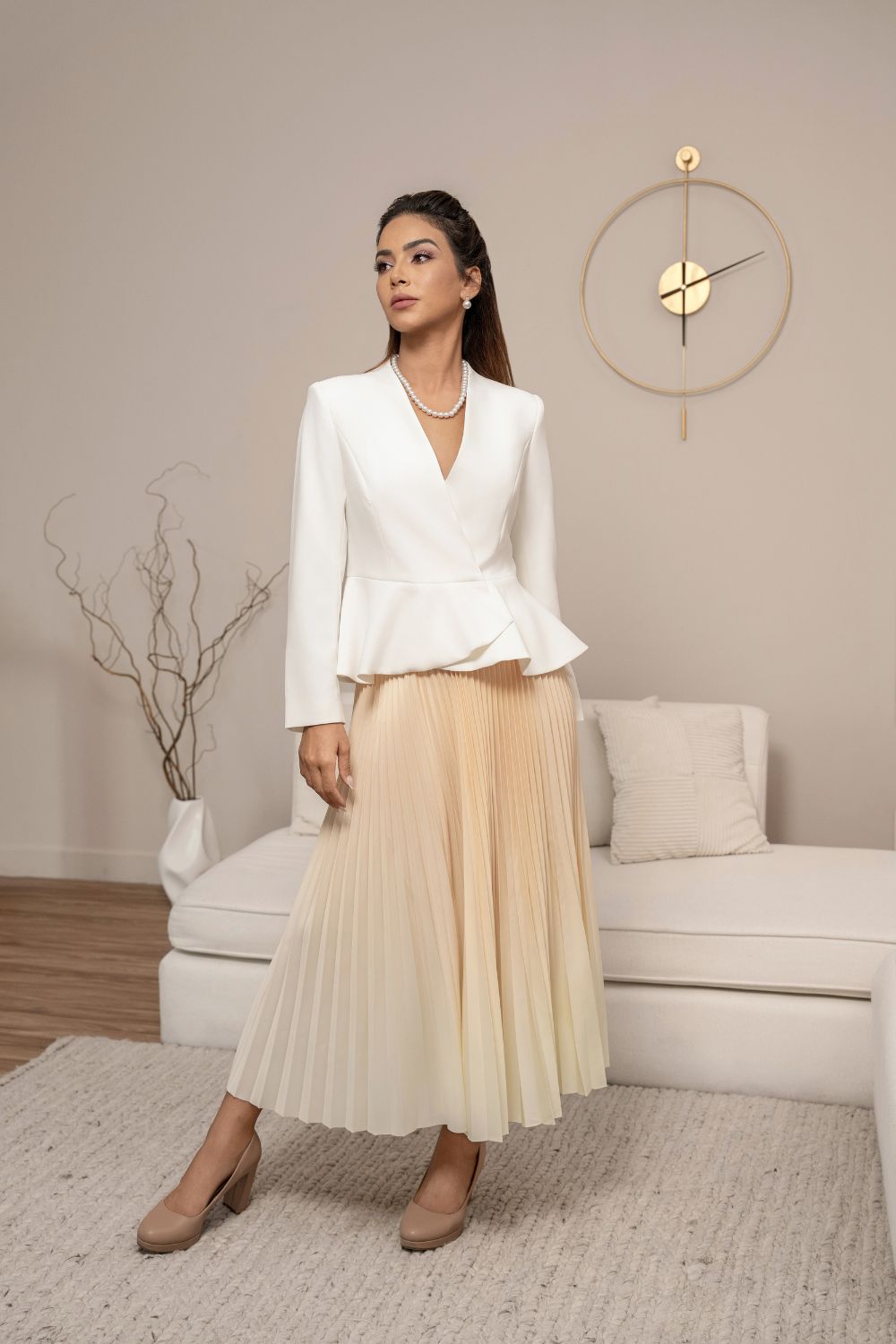 White Fitted Short Blazer and Butter Yellow Pleated Skirt Co-ord Set