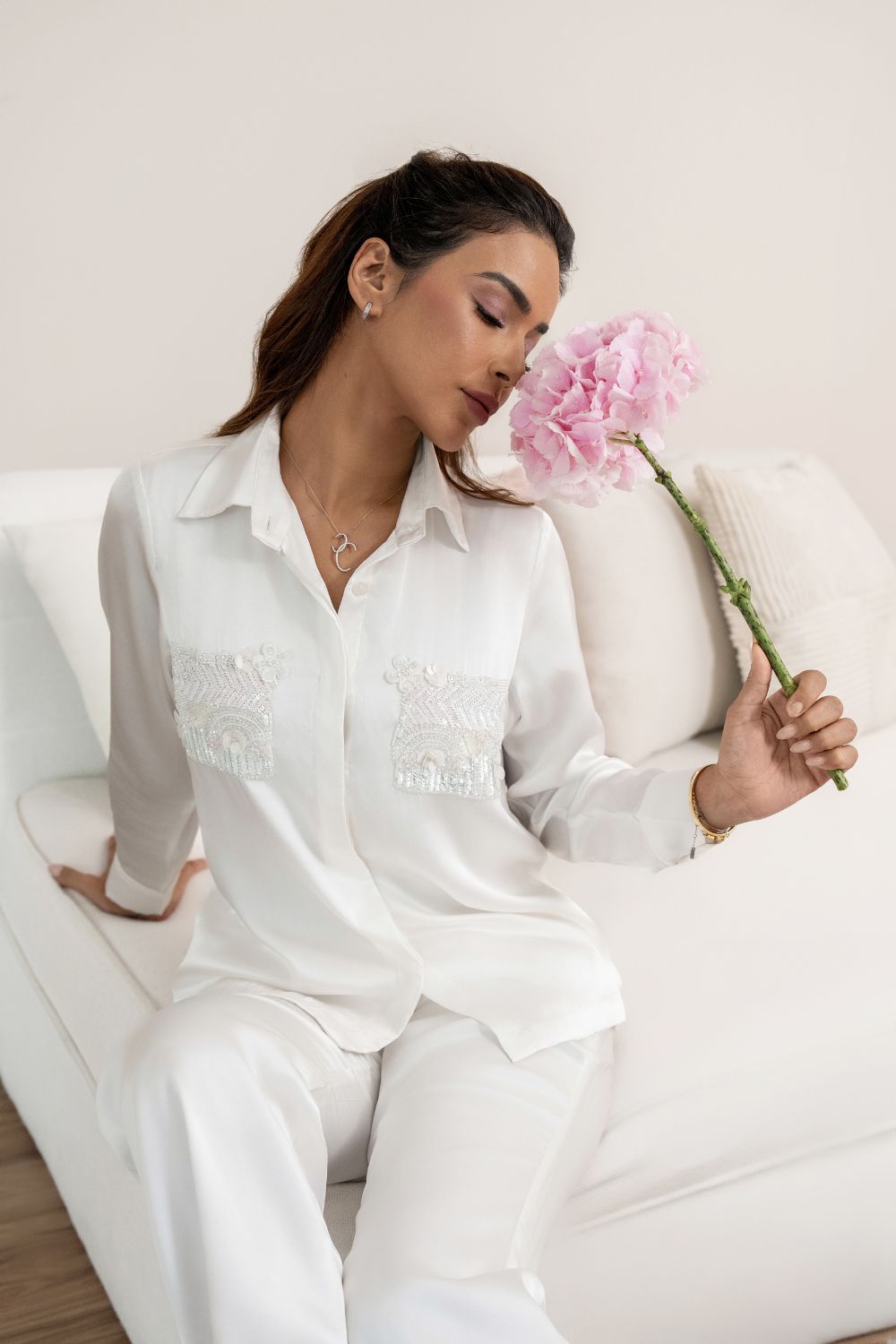 100% Silk Shirt with Embroidery & Pant Co-ord Set