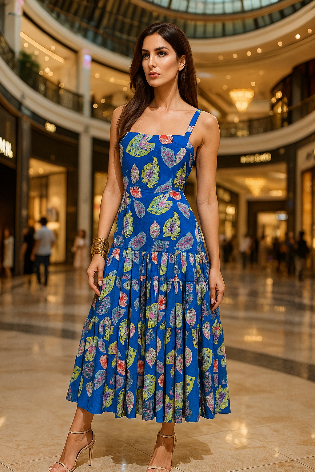 Blue Crepe Long Printed Dress