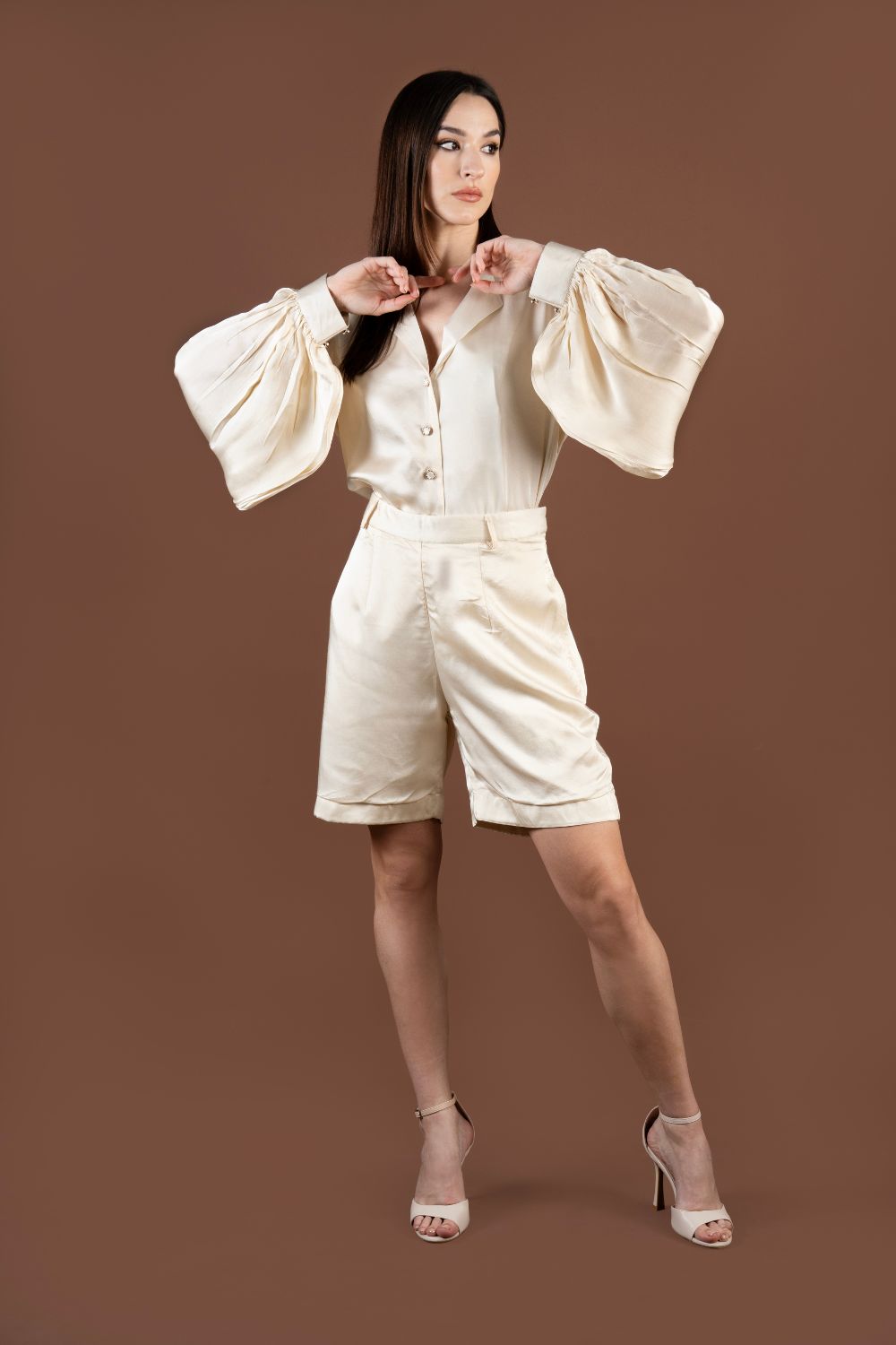 Satin Shirt with Bishop Sleeves and Shorts Co-ord Set