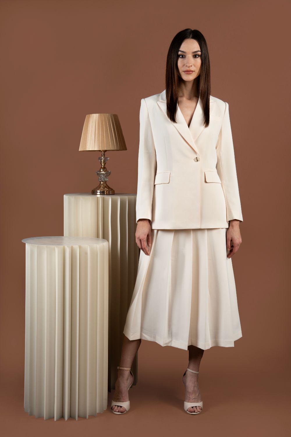 Cream Blazer and Pleated Skirt Co-ord Set