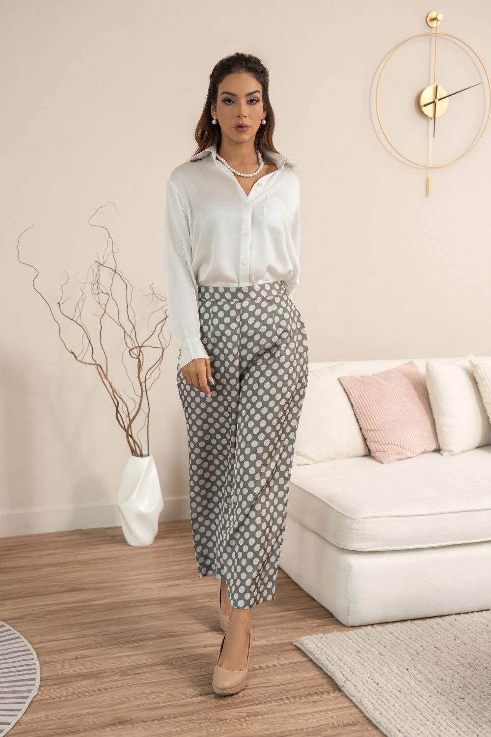 Vegan Satin Polka Dots Pants and White Shirt Co-ord Set