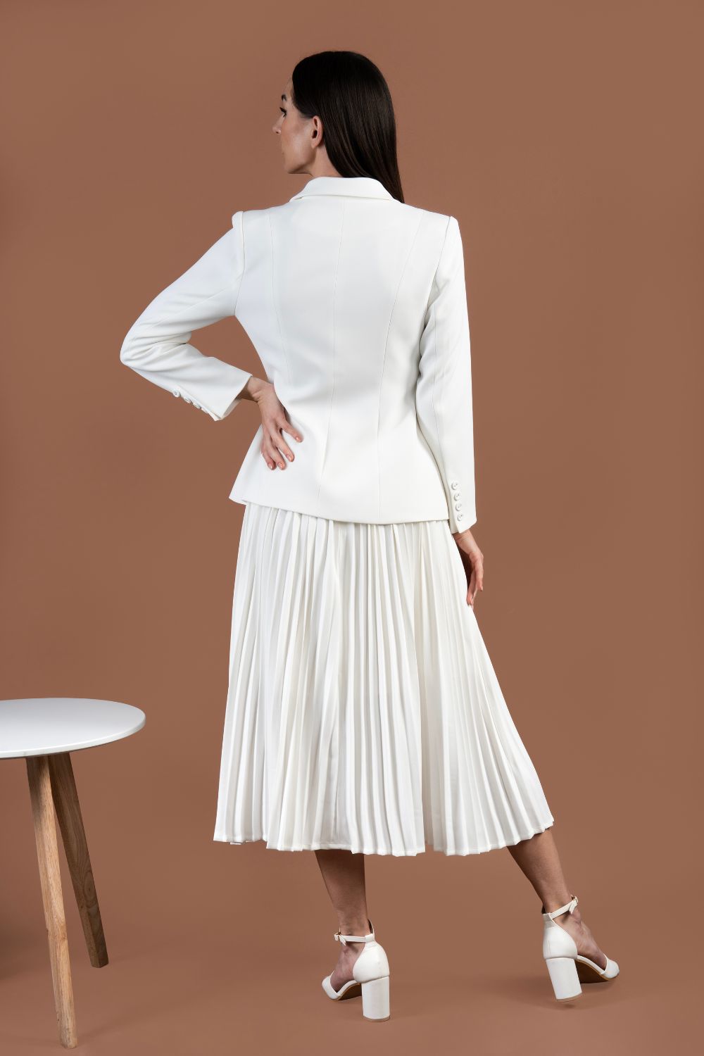 White Blazer and Pleated Skirt Co-ord Set