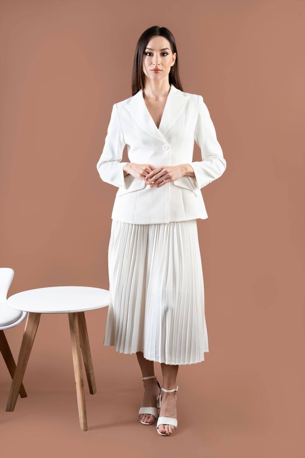 White Blazer and Pleated Skirt Co-ord Set