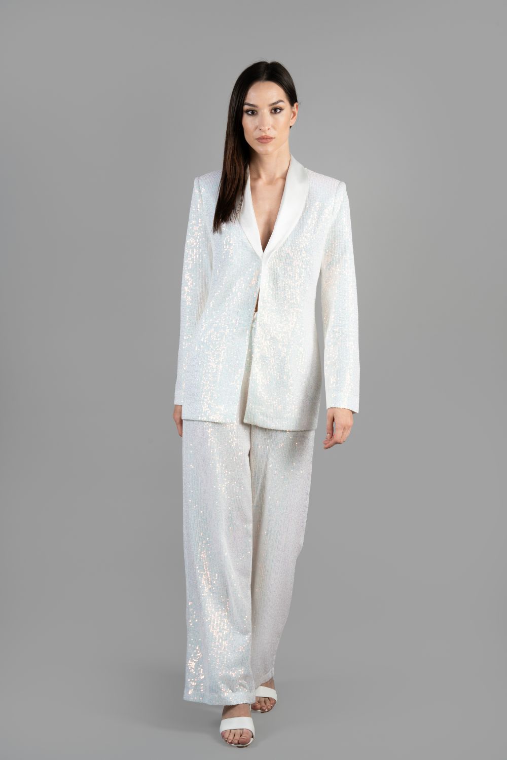 White Blazer and Trouser in Sequence Embroidery Co-ord Set