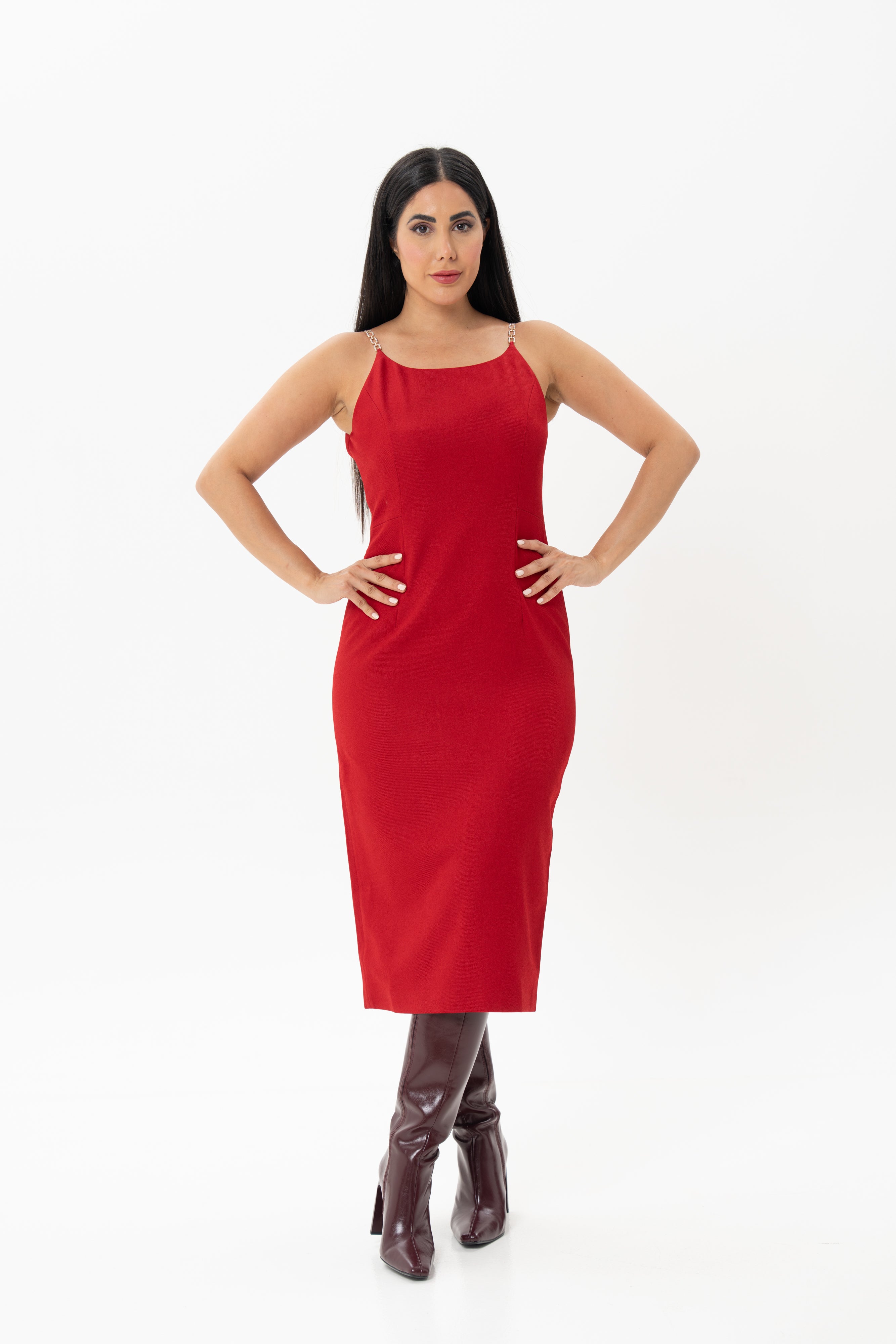 Red Midi Fitted Dress with Embellished Straps