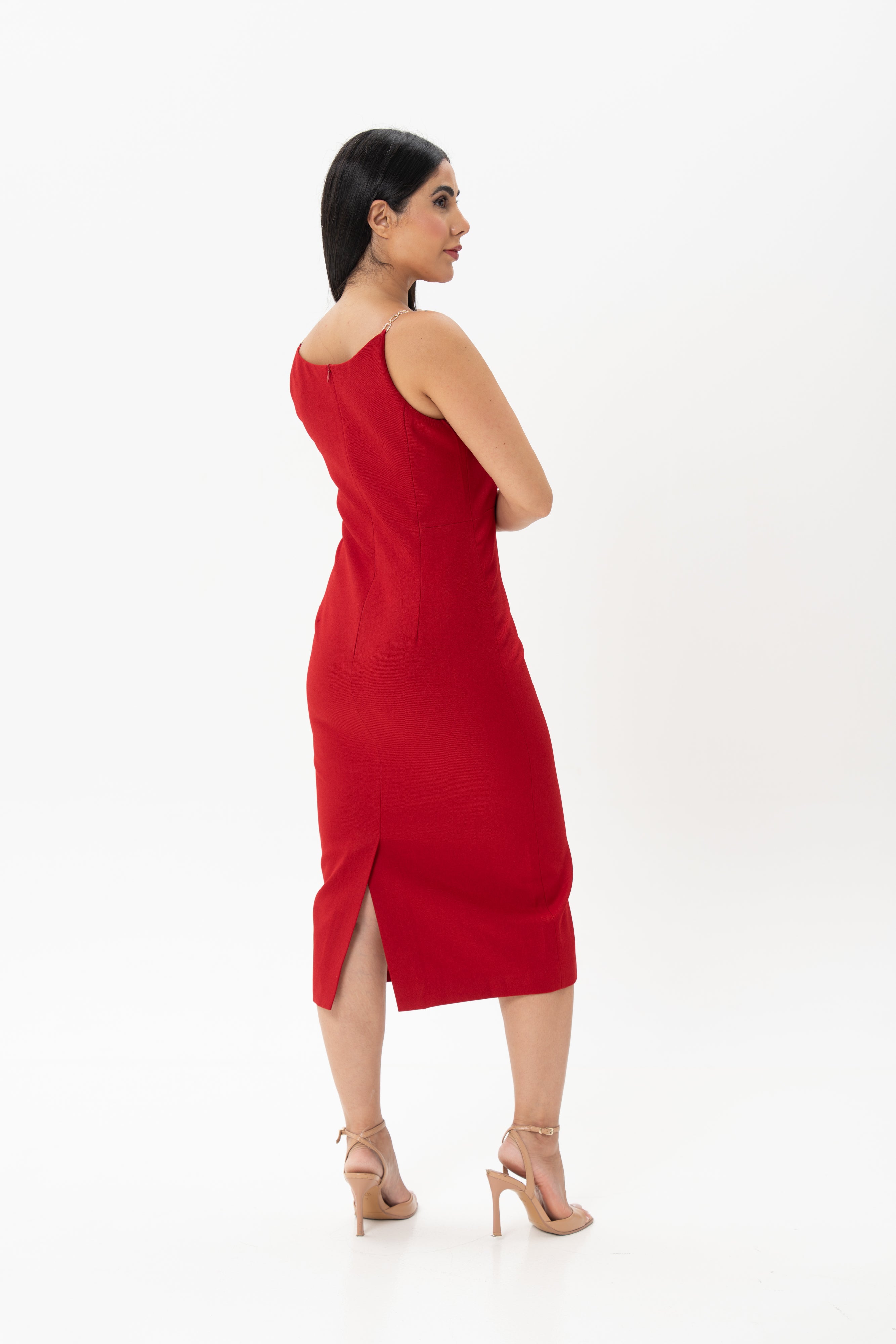 Red Midi Fitted Dress with Embellished Straps