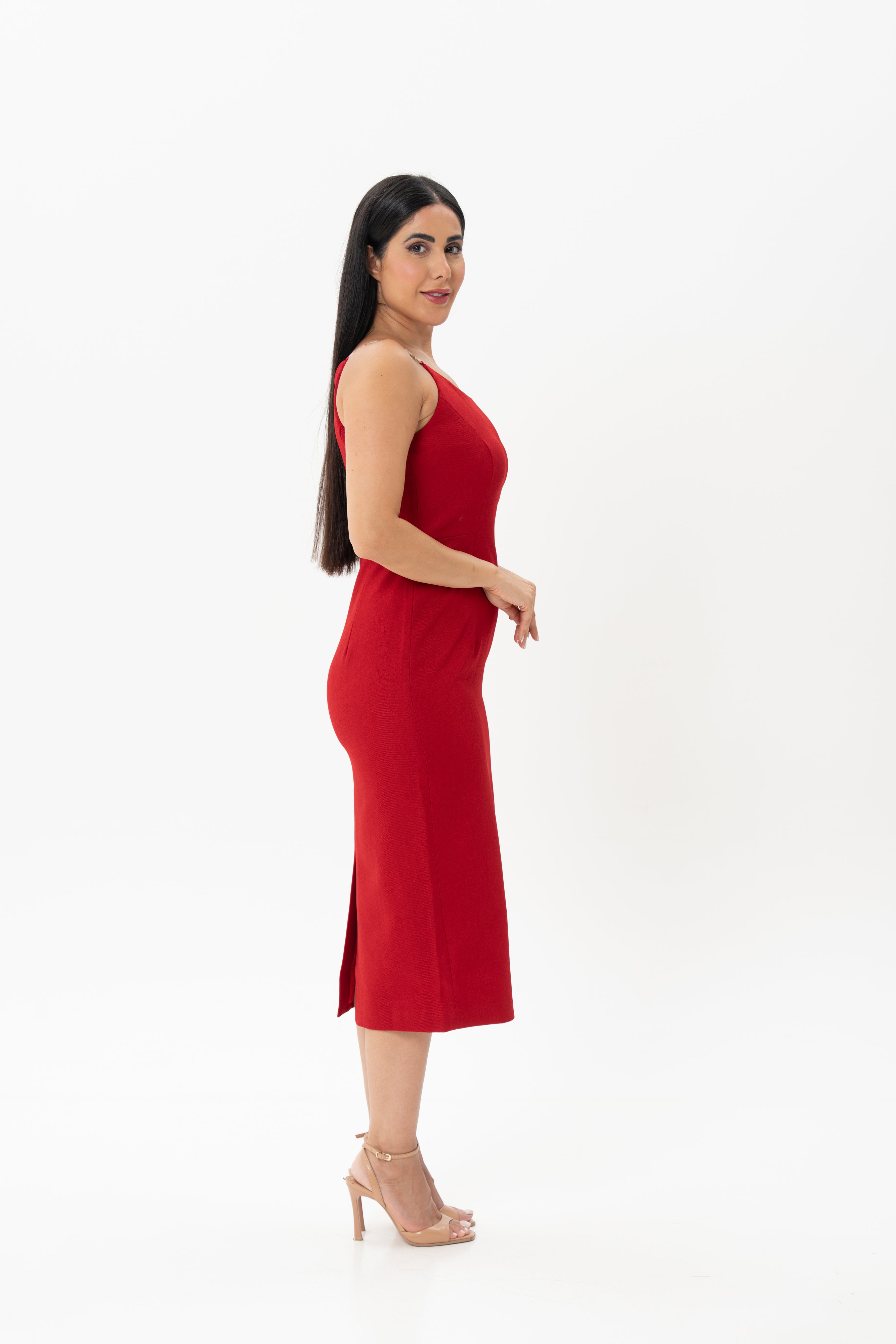 Red Midi Fitted Dress with Embellished Straps