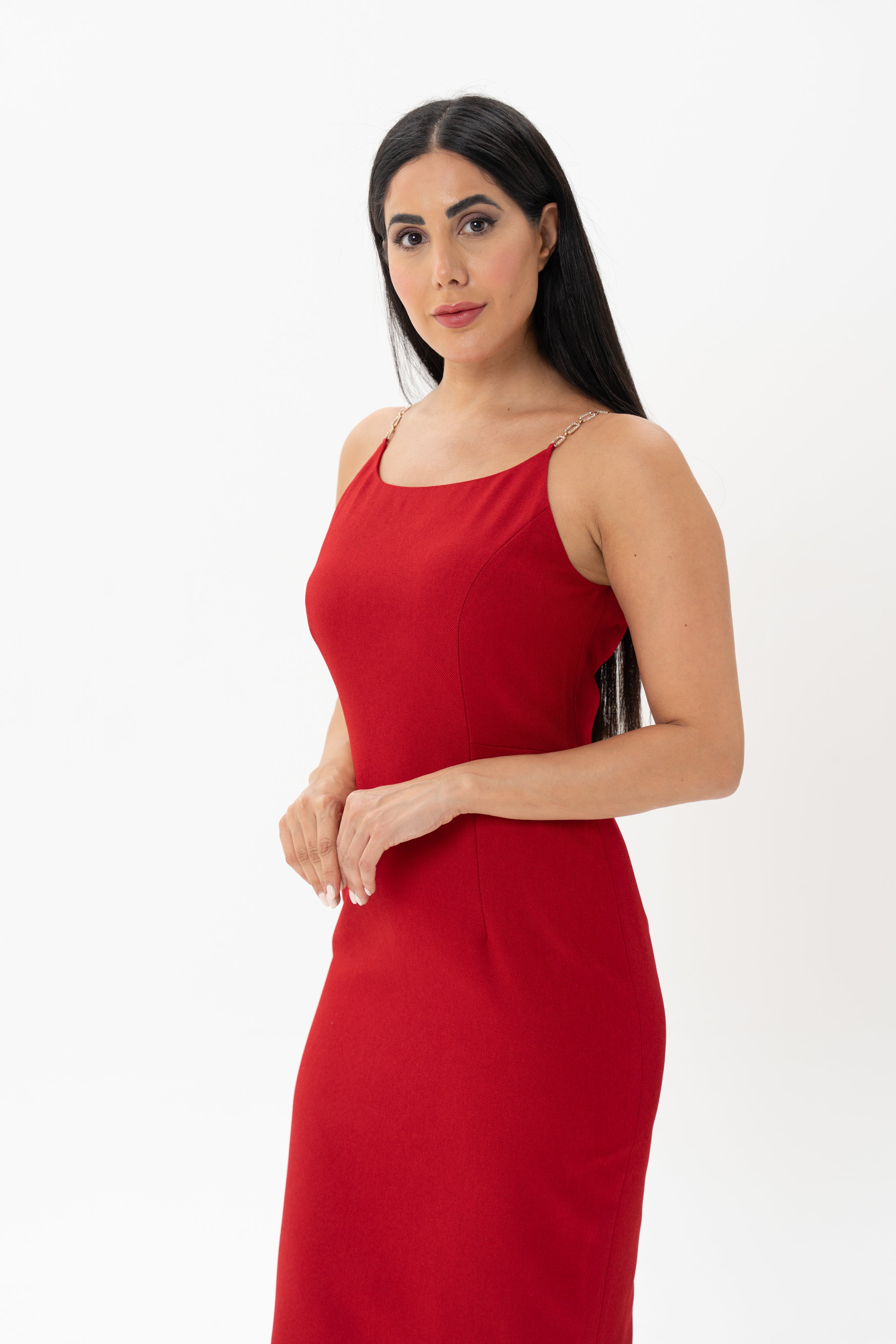 Red Midi Fitted Dress with Embellished Straps