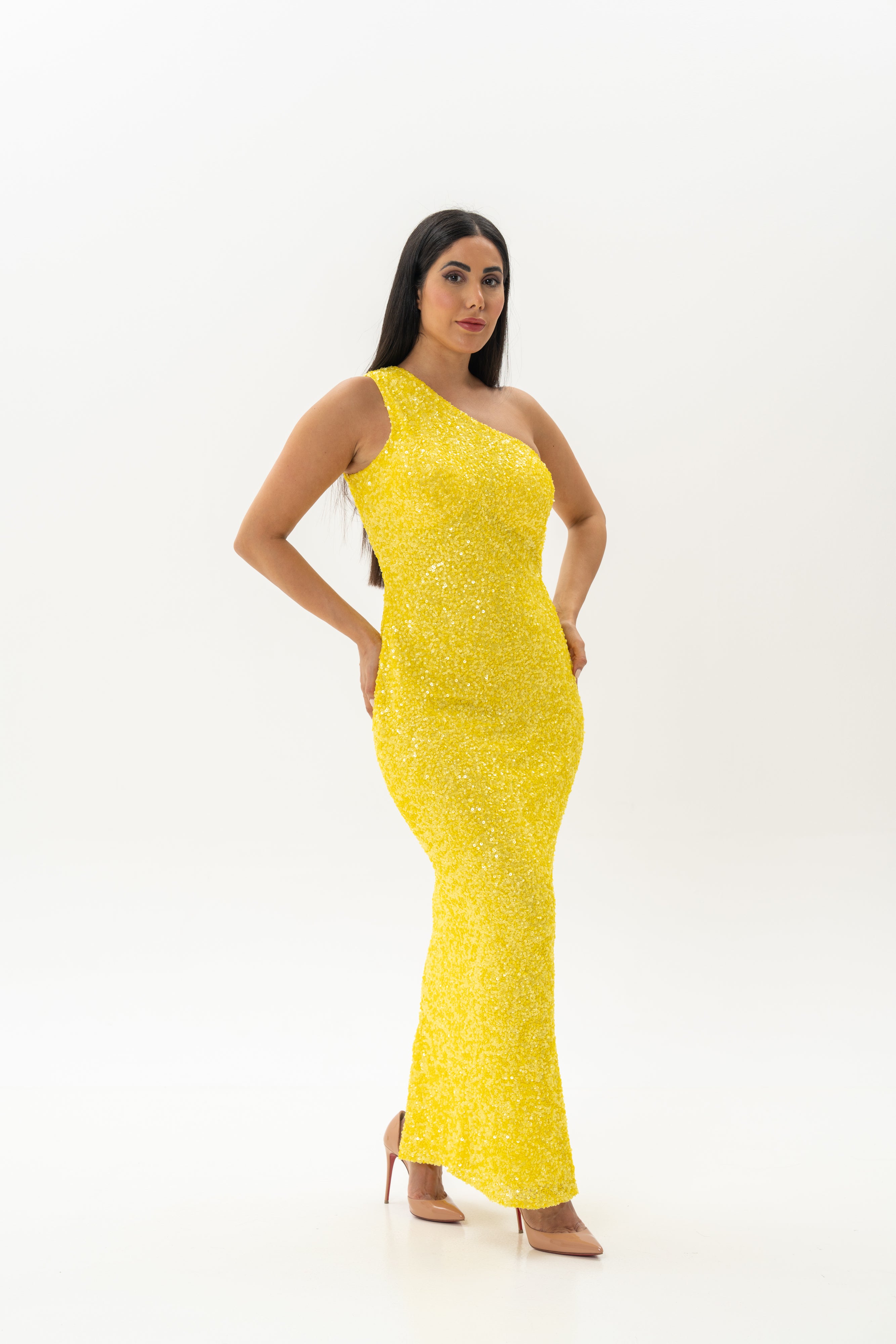 Yellow Sequins Long Gown Dress