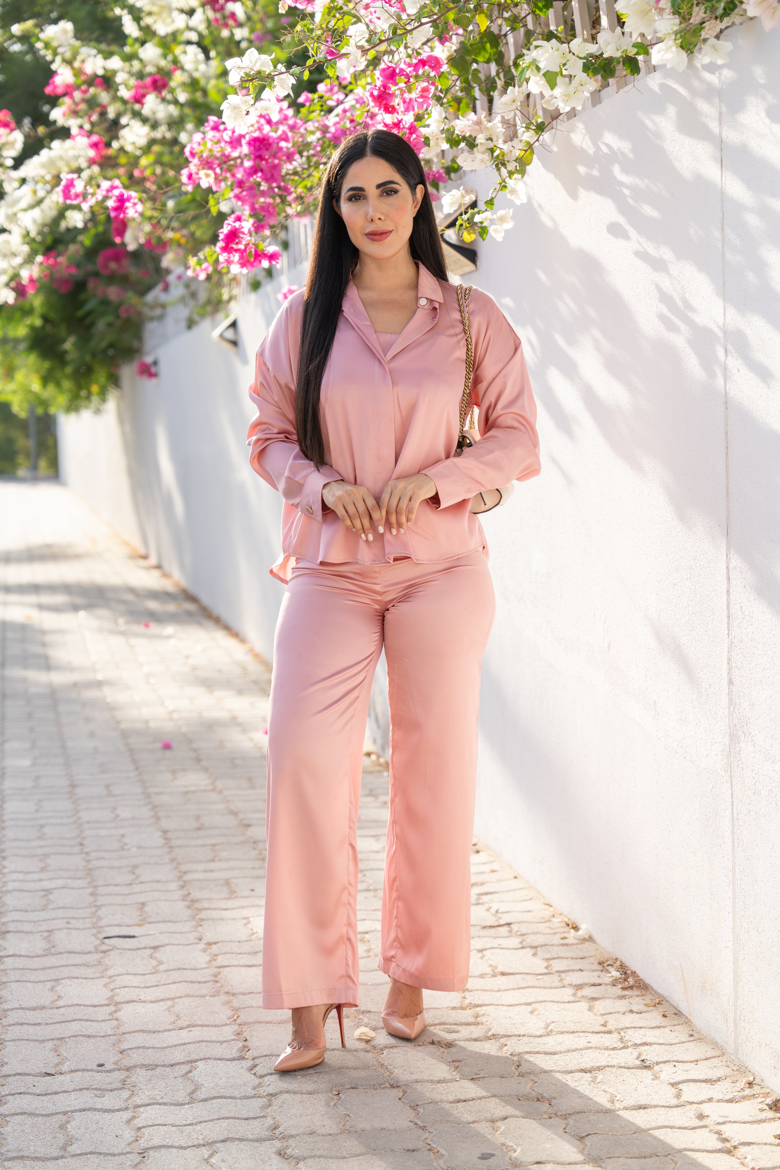 Pink Satin Silk Shirt,Pant and Tube Co-Ord Set