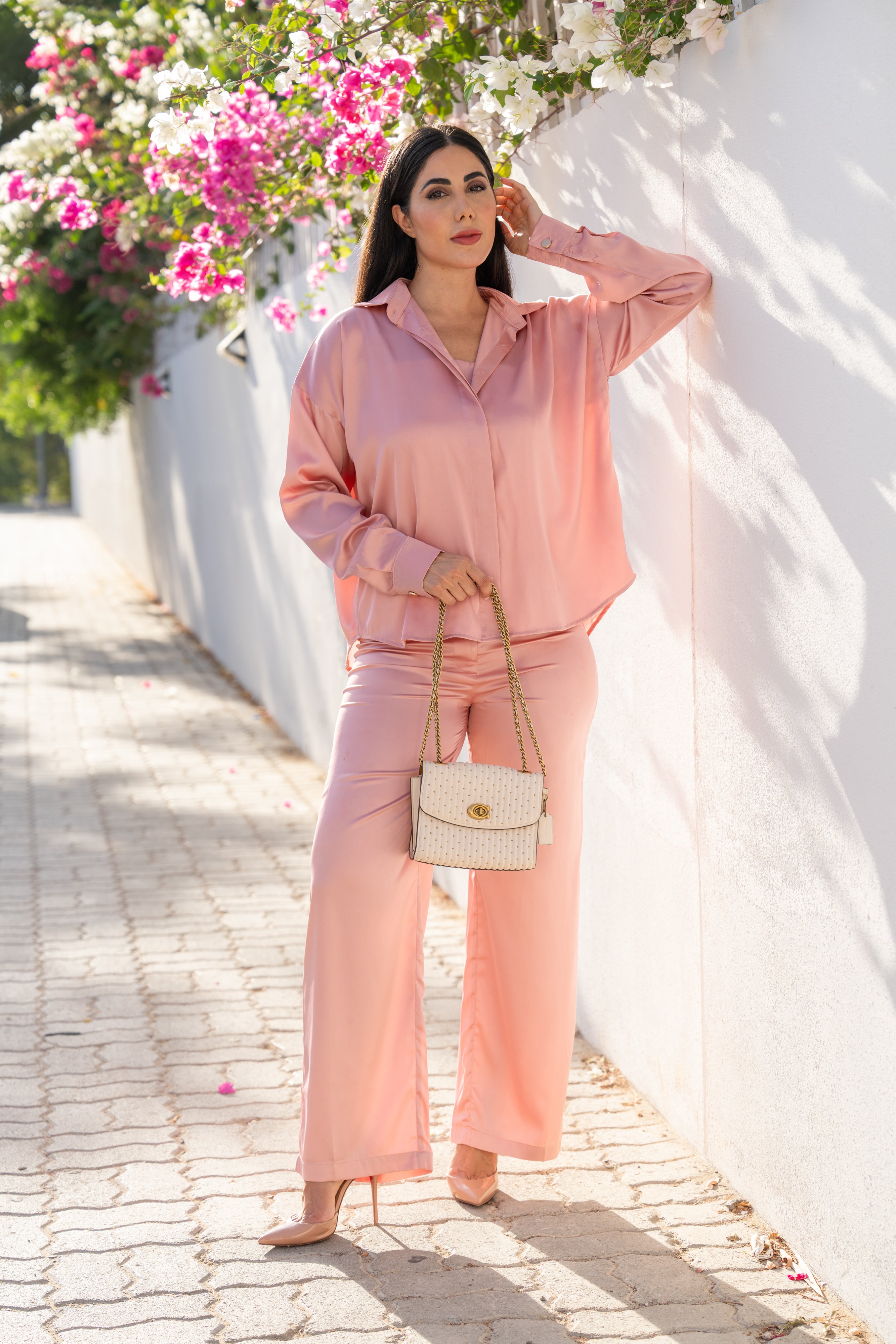 Pink Satin Silk Shirt,Pant and Tube Co-Ord Set