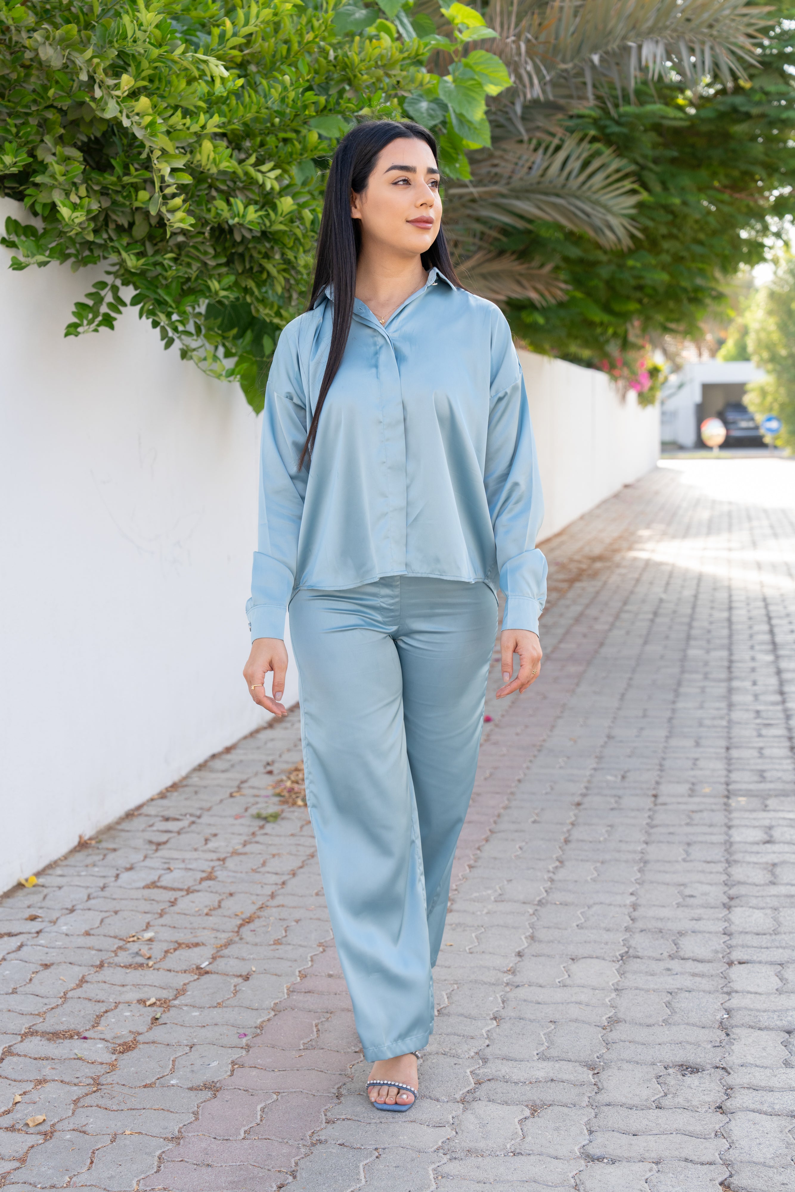 Blue Satin Silk Shirt and Pant Co-Ord Set