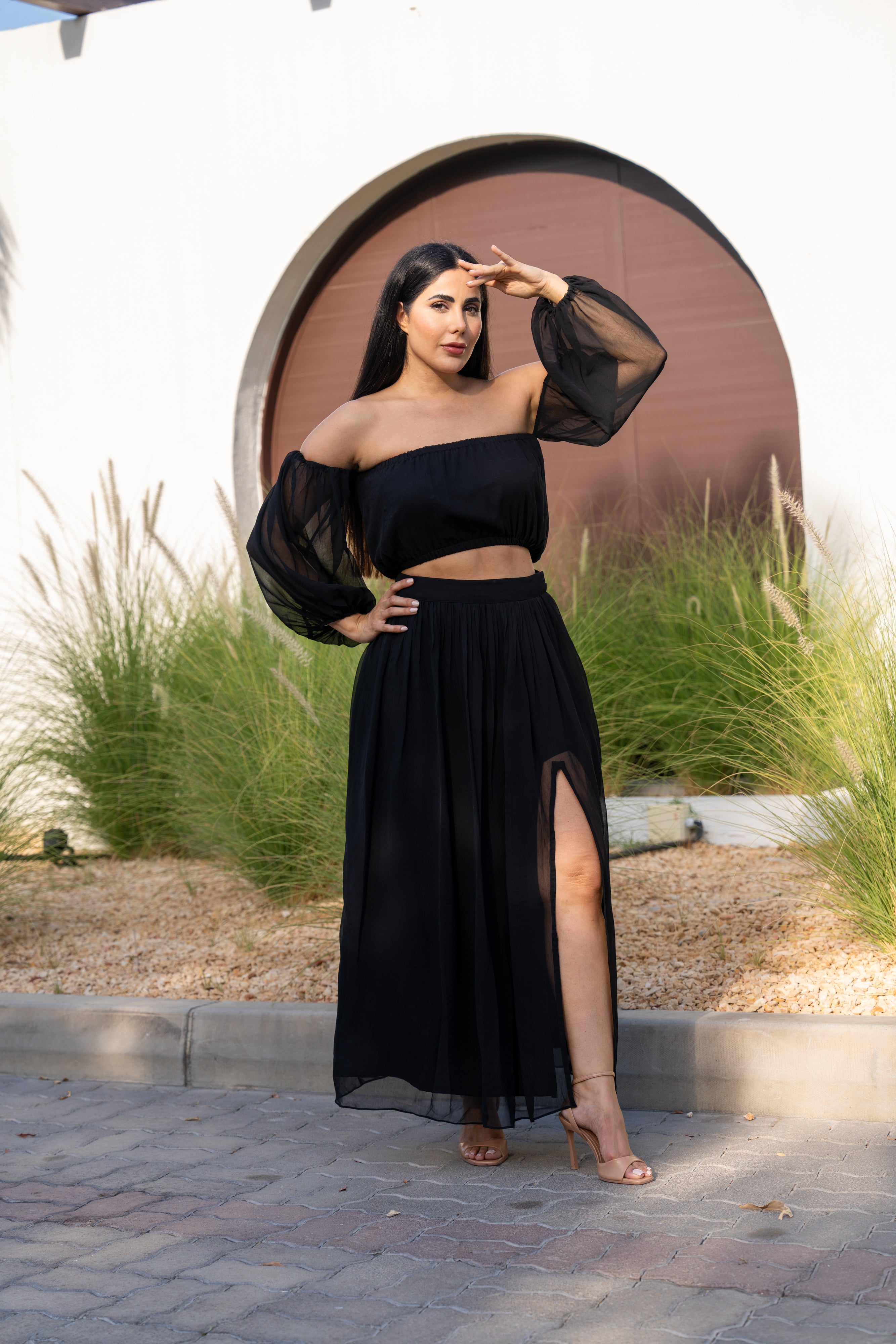 Black Viscose Georgette Top and Skirt Co-Ord Set