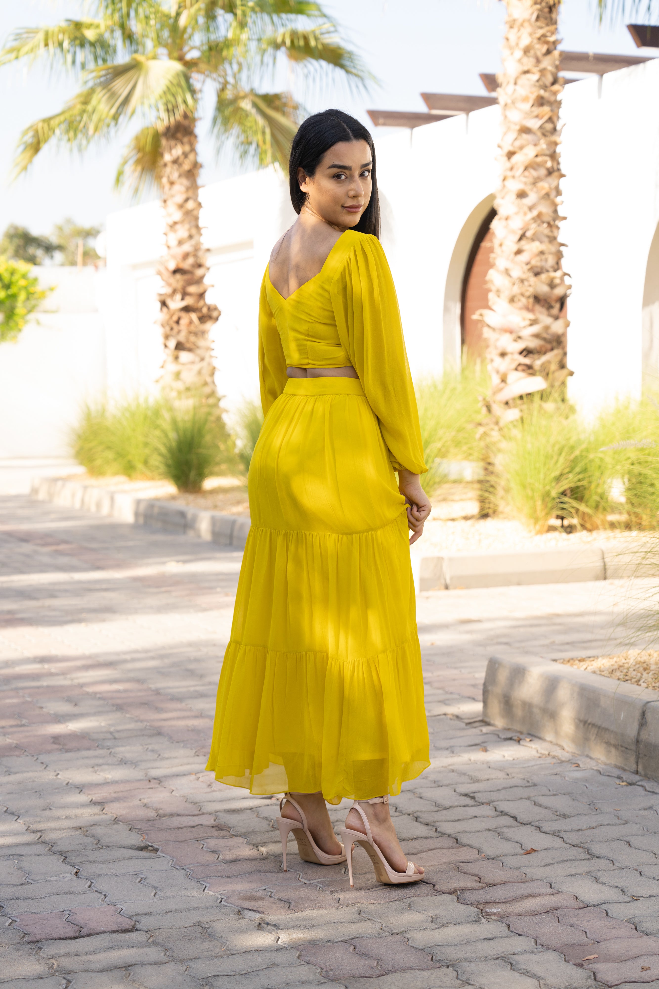 Yellow Viscose Georgette Skirt and Top Set