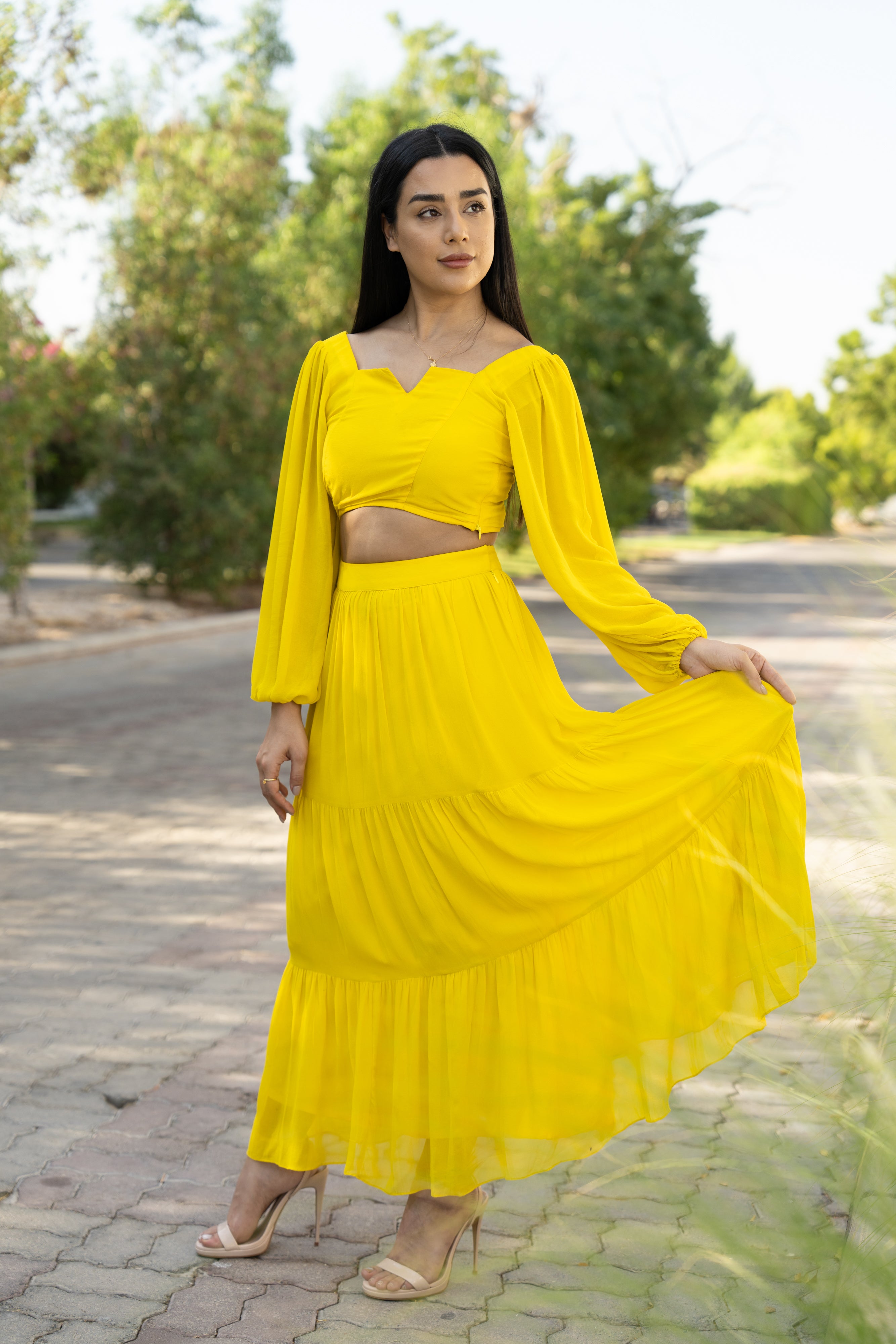 Yellow Viscose Georgette Skirt and Top Set