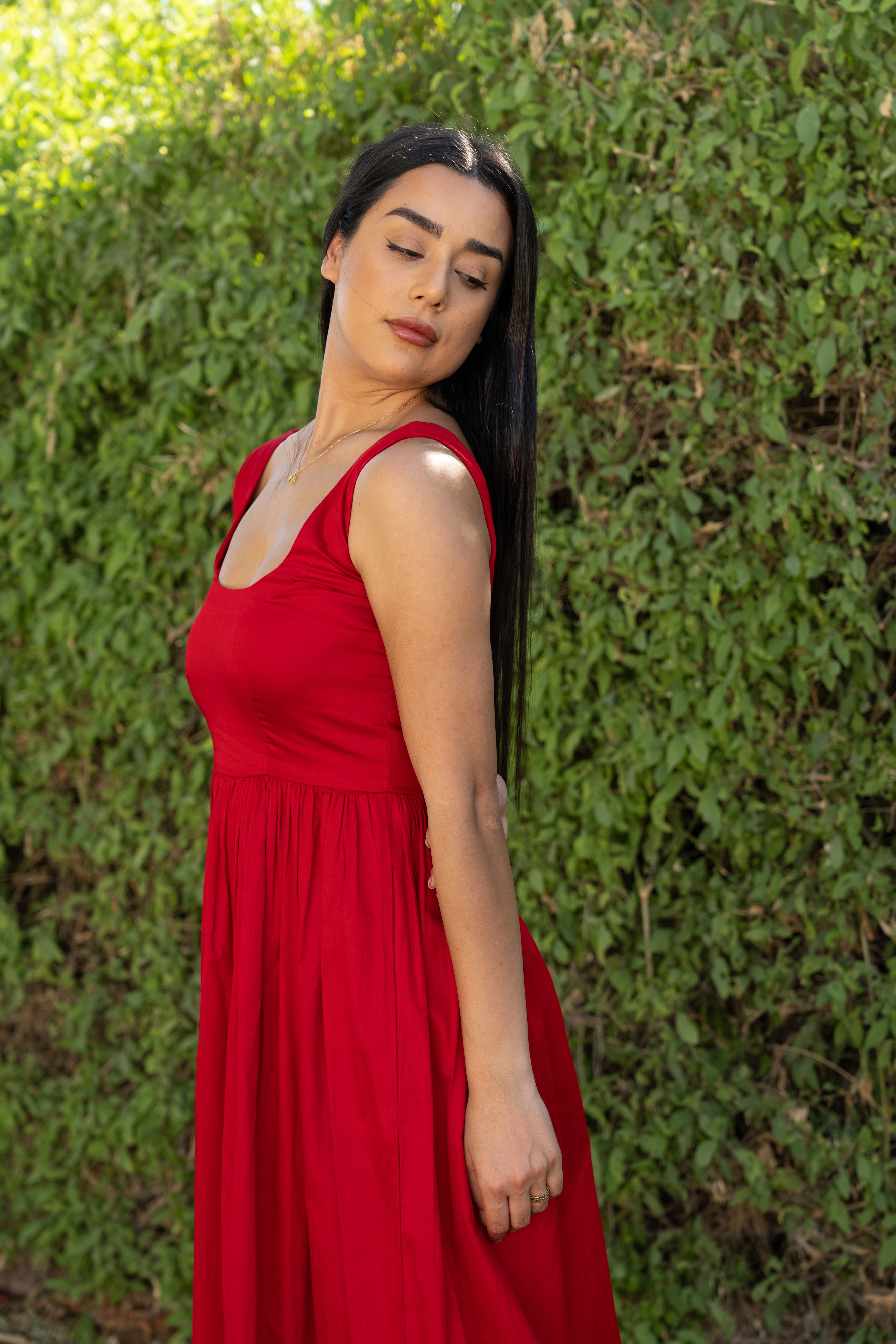 Bold Red Cotton Midi Dress