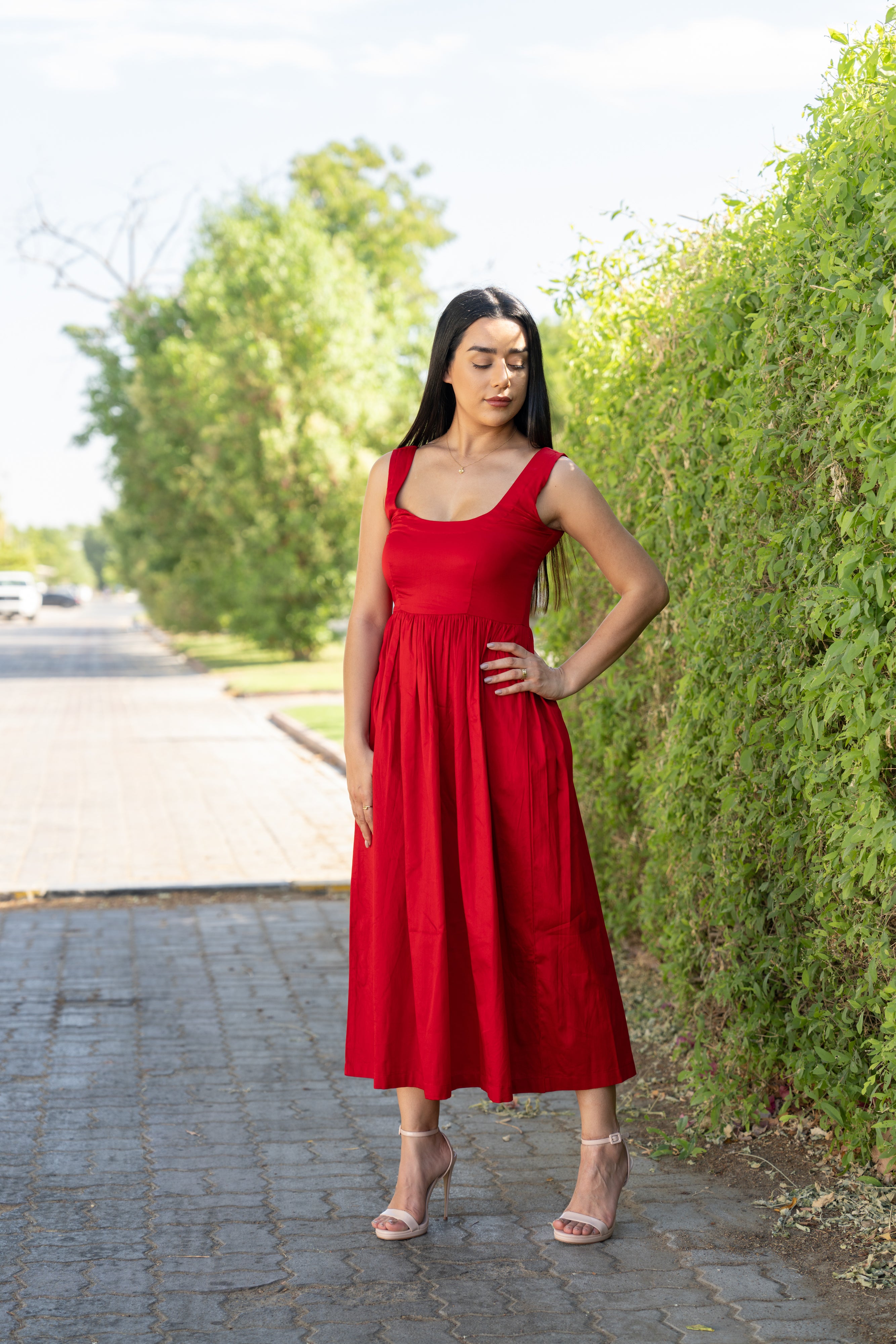 Bold Red Cotton Midi Dress