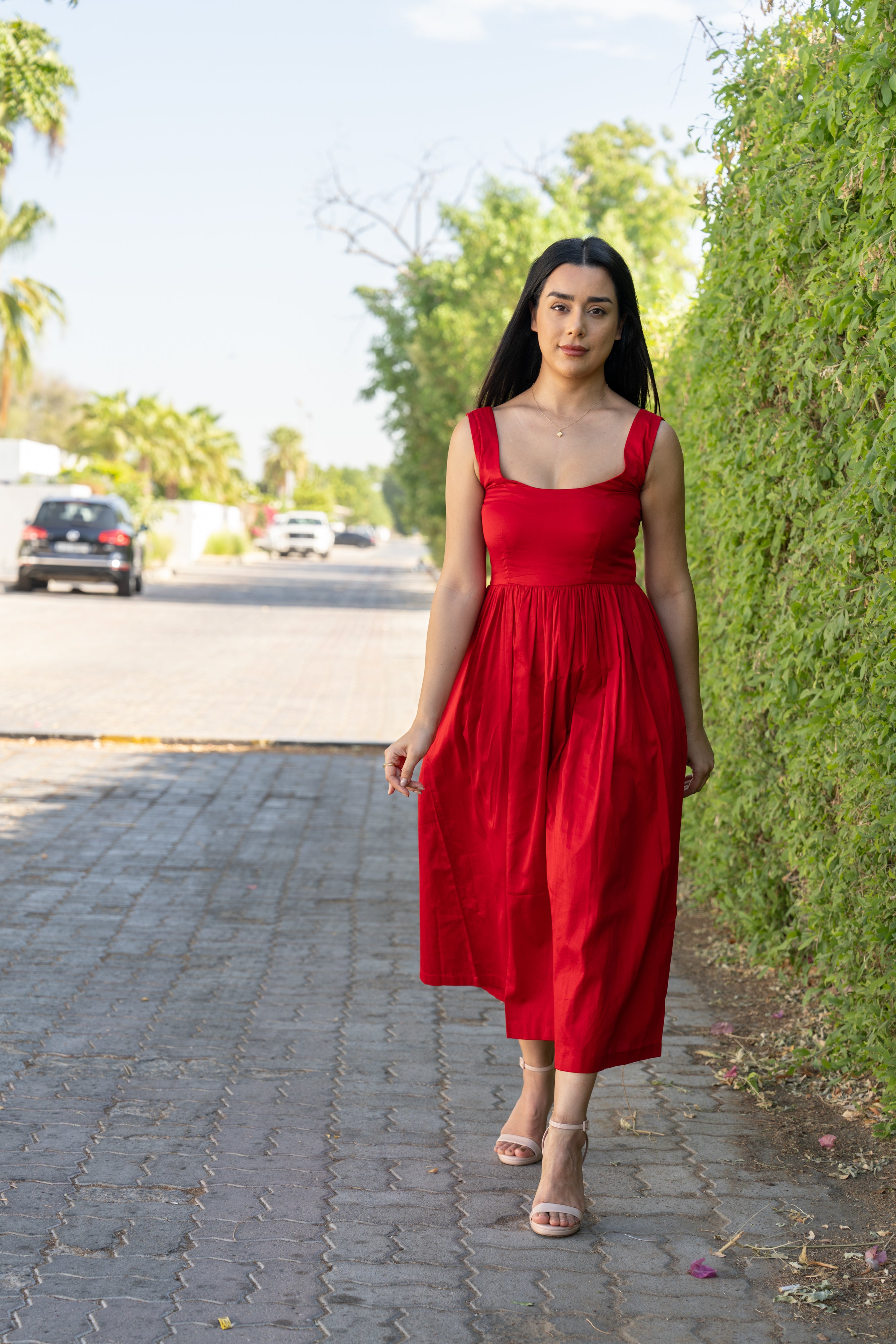 Bold Red Cotton Midi Dress