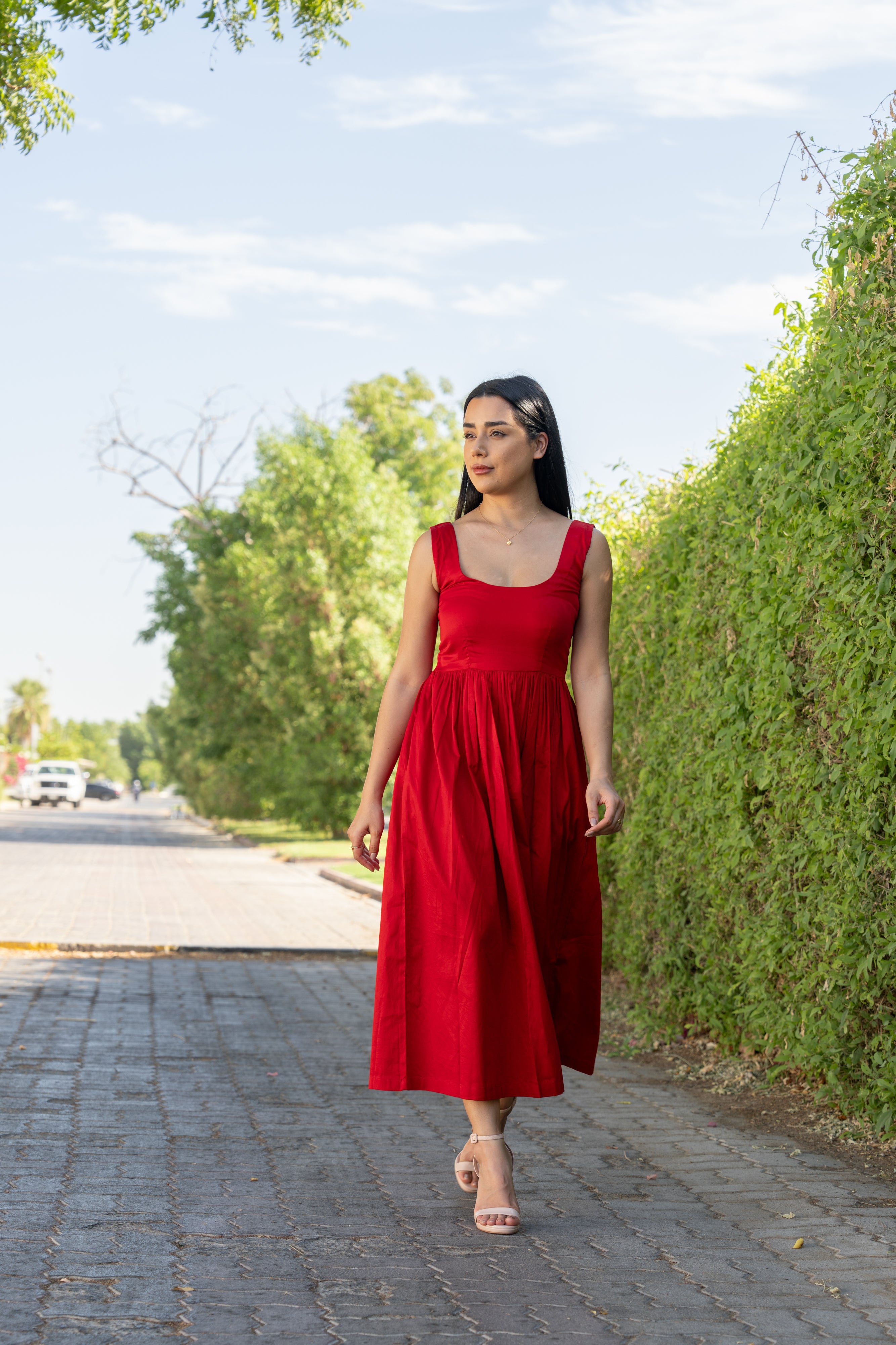 Bold Red Cotton Midi Dress