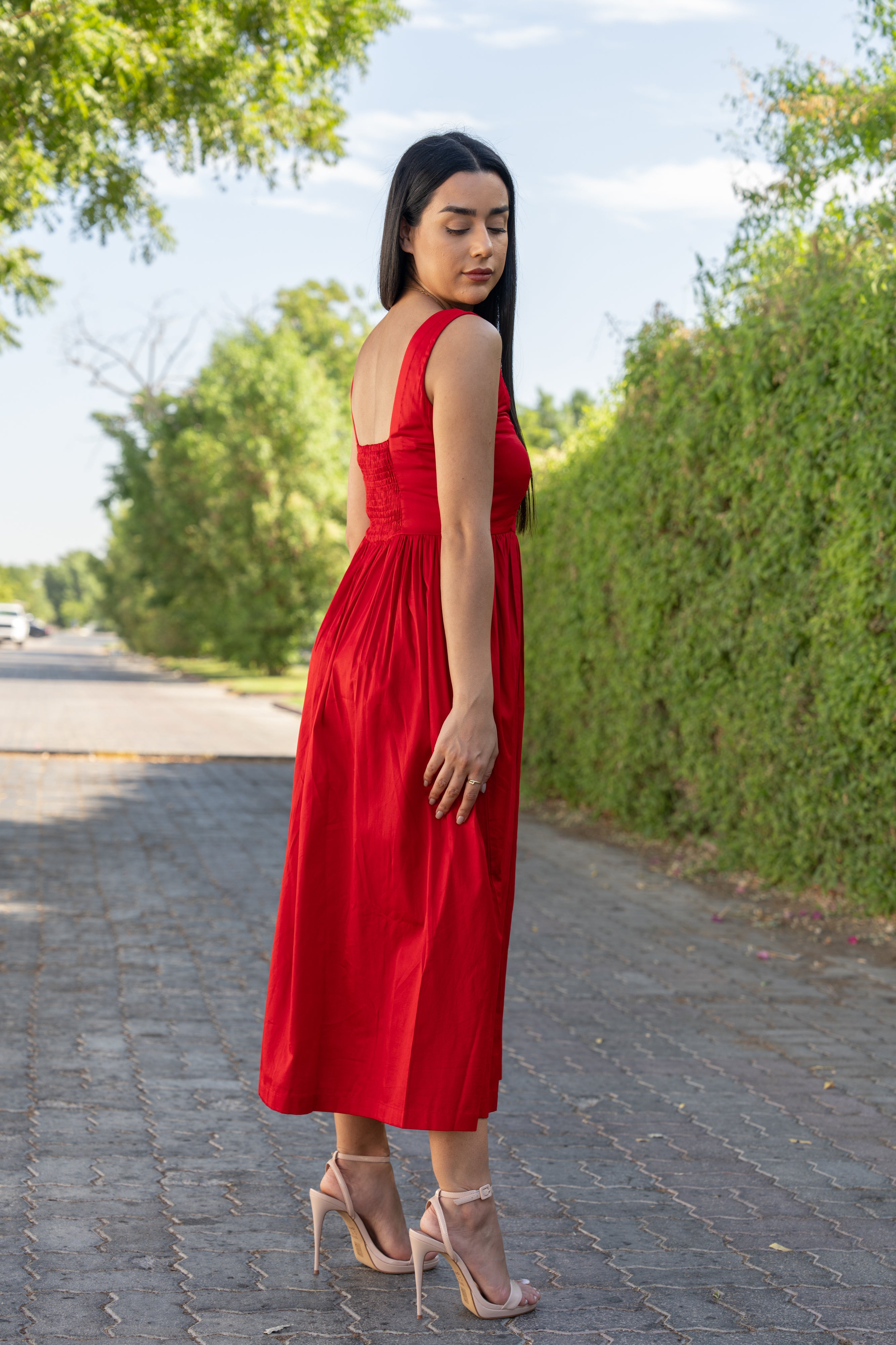 Bold Red Cotton Midi Dress