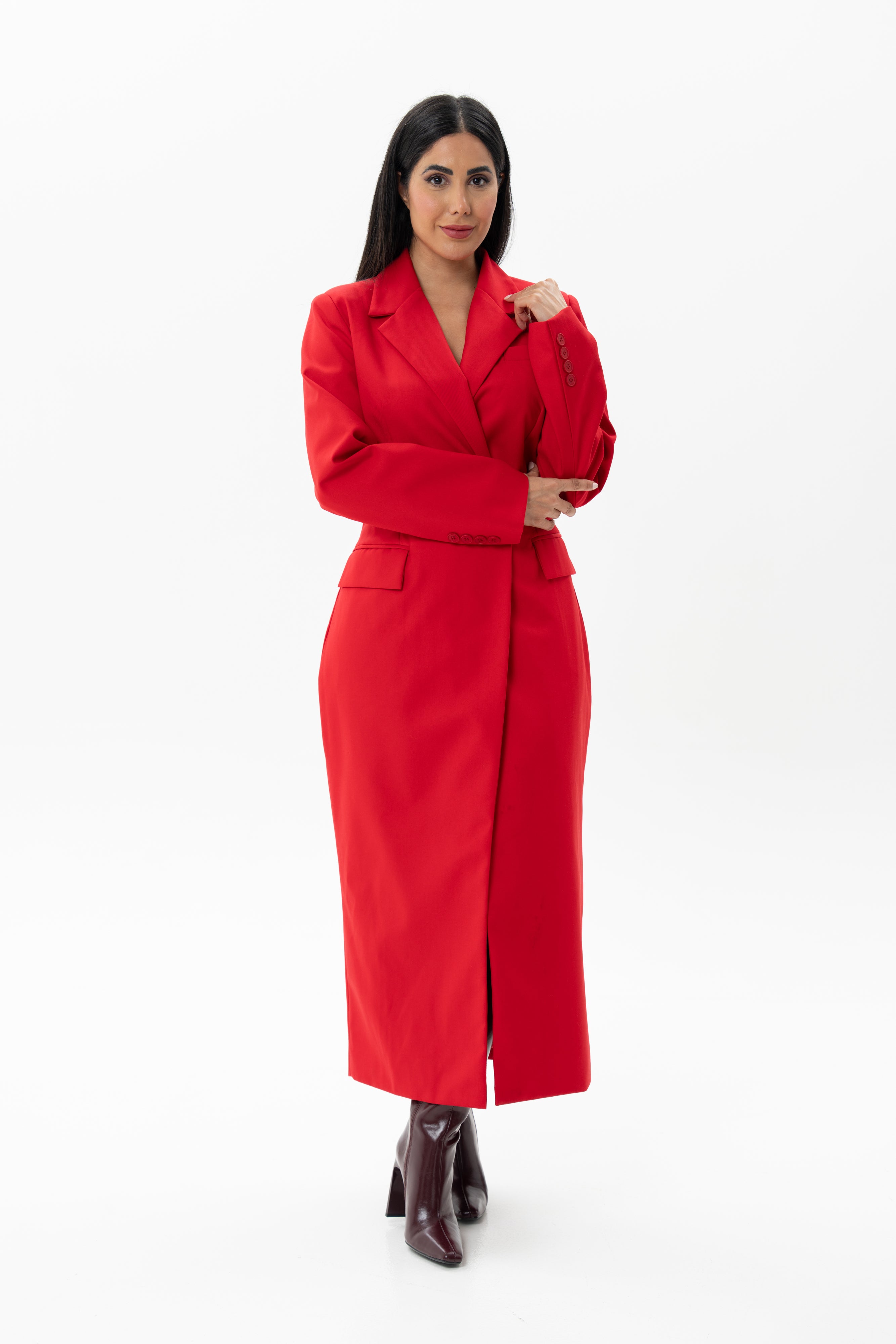 Red Long Jacket Overcoat One Piece Dress